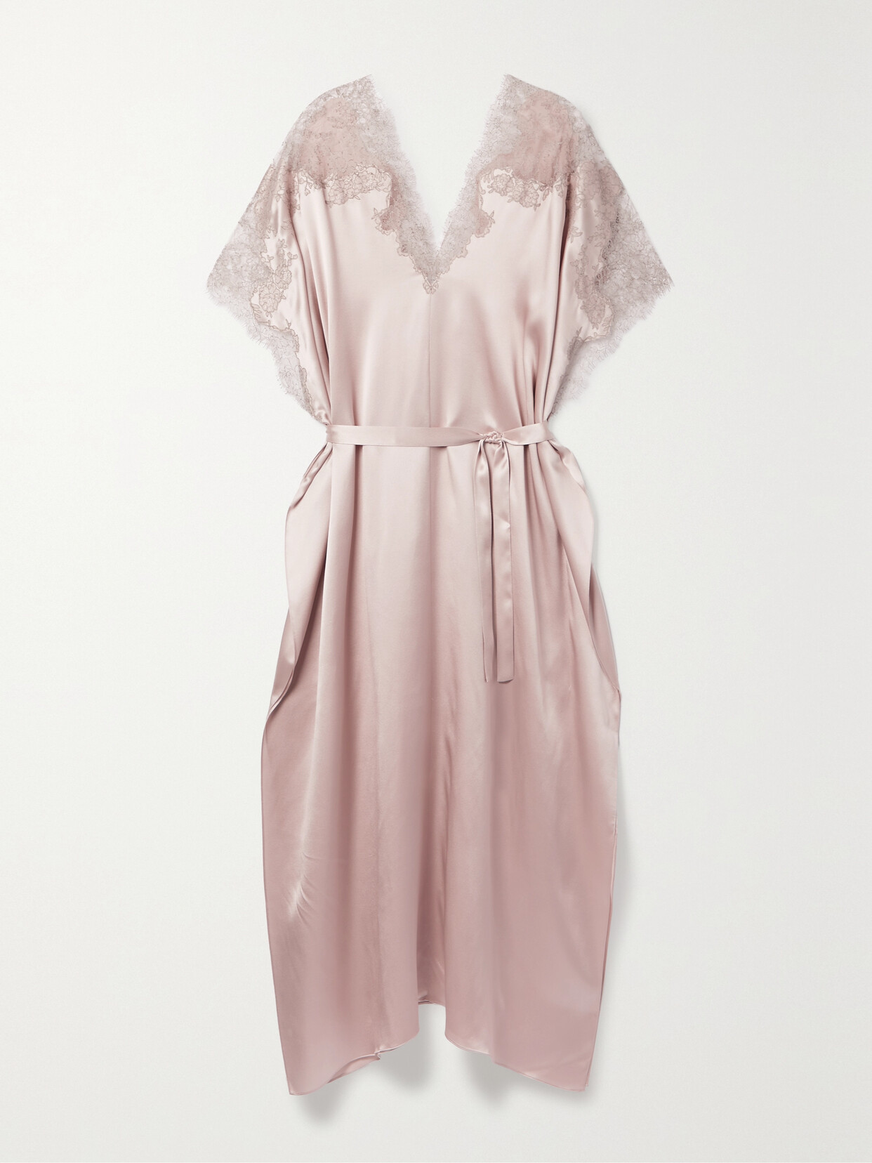 Carine Gilson - Belted Lace-trimmed Silk-satin Kaftan - Gray