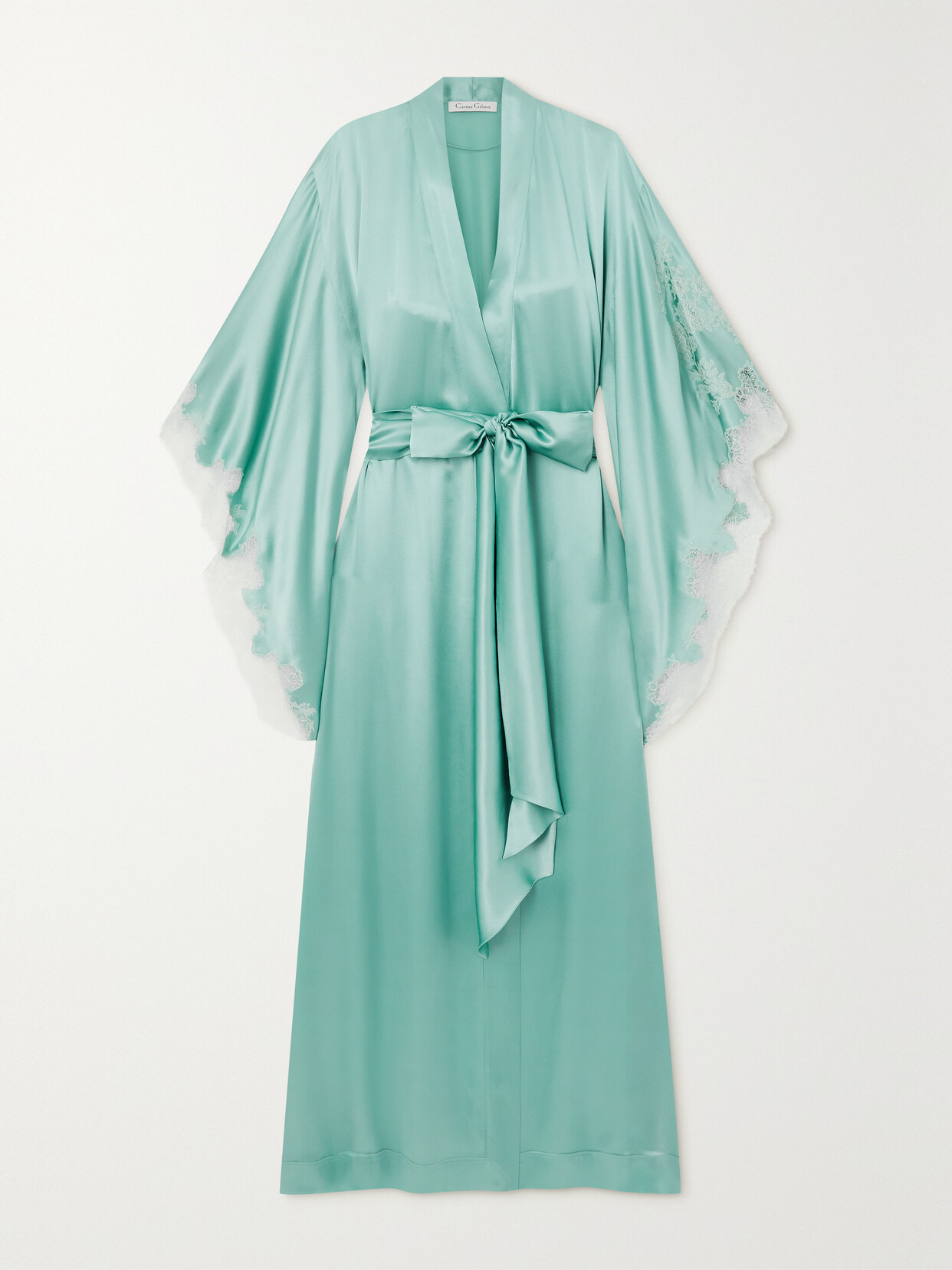 Carine Gilson - Belted Lace-trimmed Silk-satin Robe - Blue