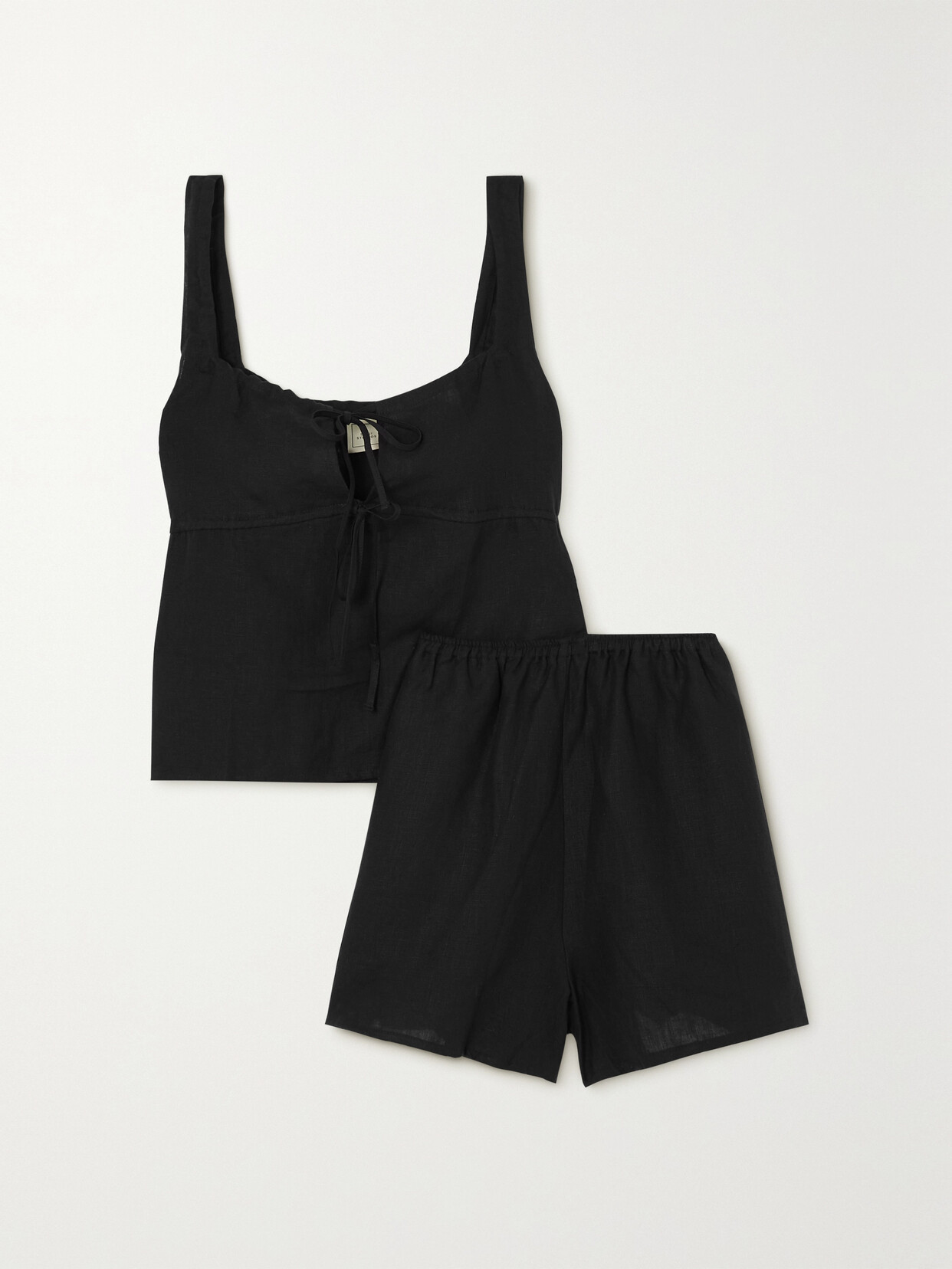 Deiji Studios + Net Sustain The Rise Short Tie-detailed Gathered Linen Top And Shorts Set - Black