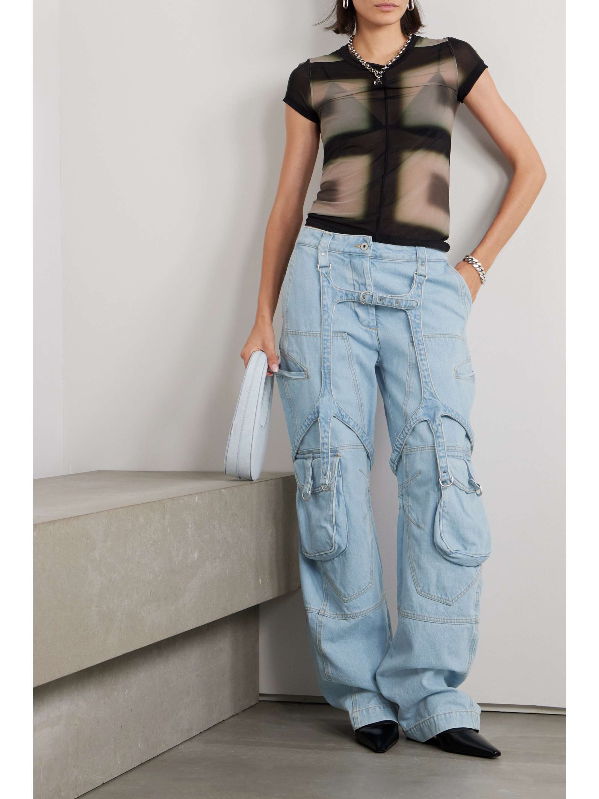 High-rise denim cargo pants