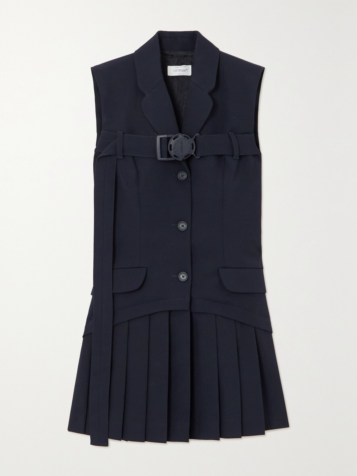 Off-white Buckled Pleated Wool Mini Dress In Black