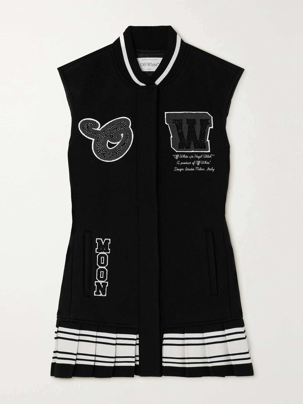 Shop Off-white Meteor Bling Varsity Striped Embroidered Wool-blend Mini Dress In Black