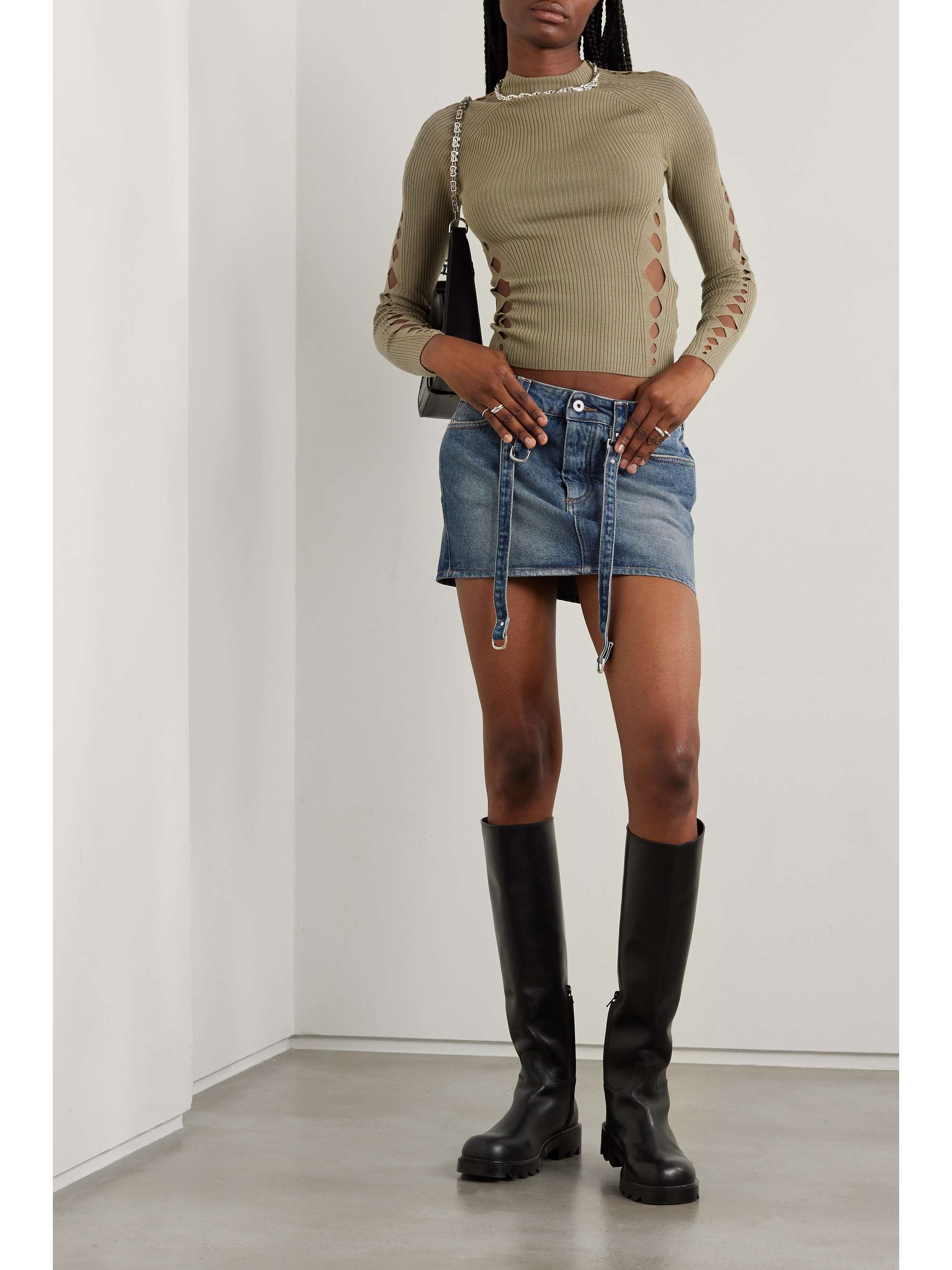 OFF-WHITE Distressed denim mini skirt