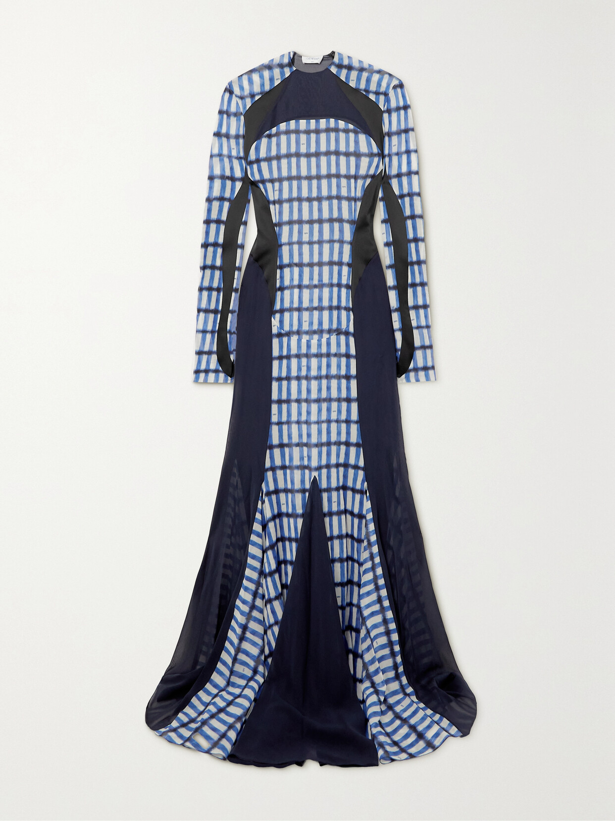 Off-White - Satin And Tulle-trimmed Checked Chiffon And Stretch-silk Maxi Dress - Blue