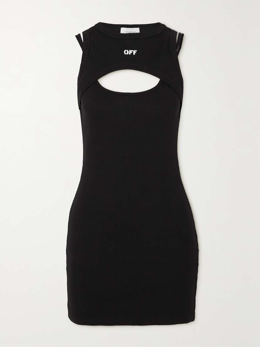 Off-White Printed Cutout Ribbed Stretch-cotton Mini Dress