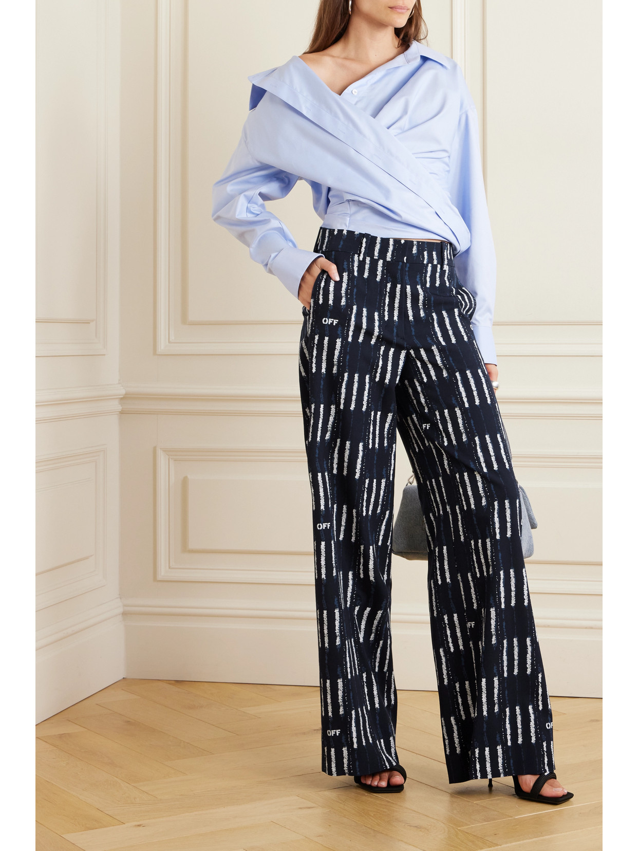 Shop Off-white Printed Wool-crepe Straight-leg Pants In Blue