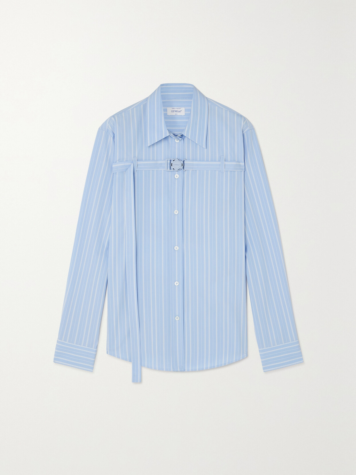 Off-white Buckled Cutout Striped Cotton-poplin Shirt In Light Blue