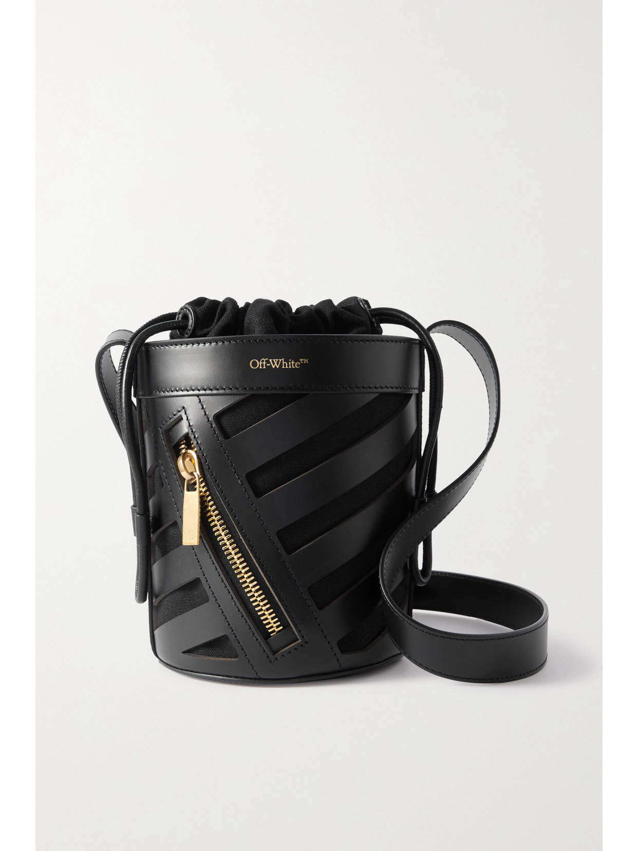 Shop Off-white Diag Canvas-trimmed Cutout Leather Bucket Bag In Black