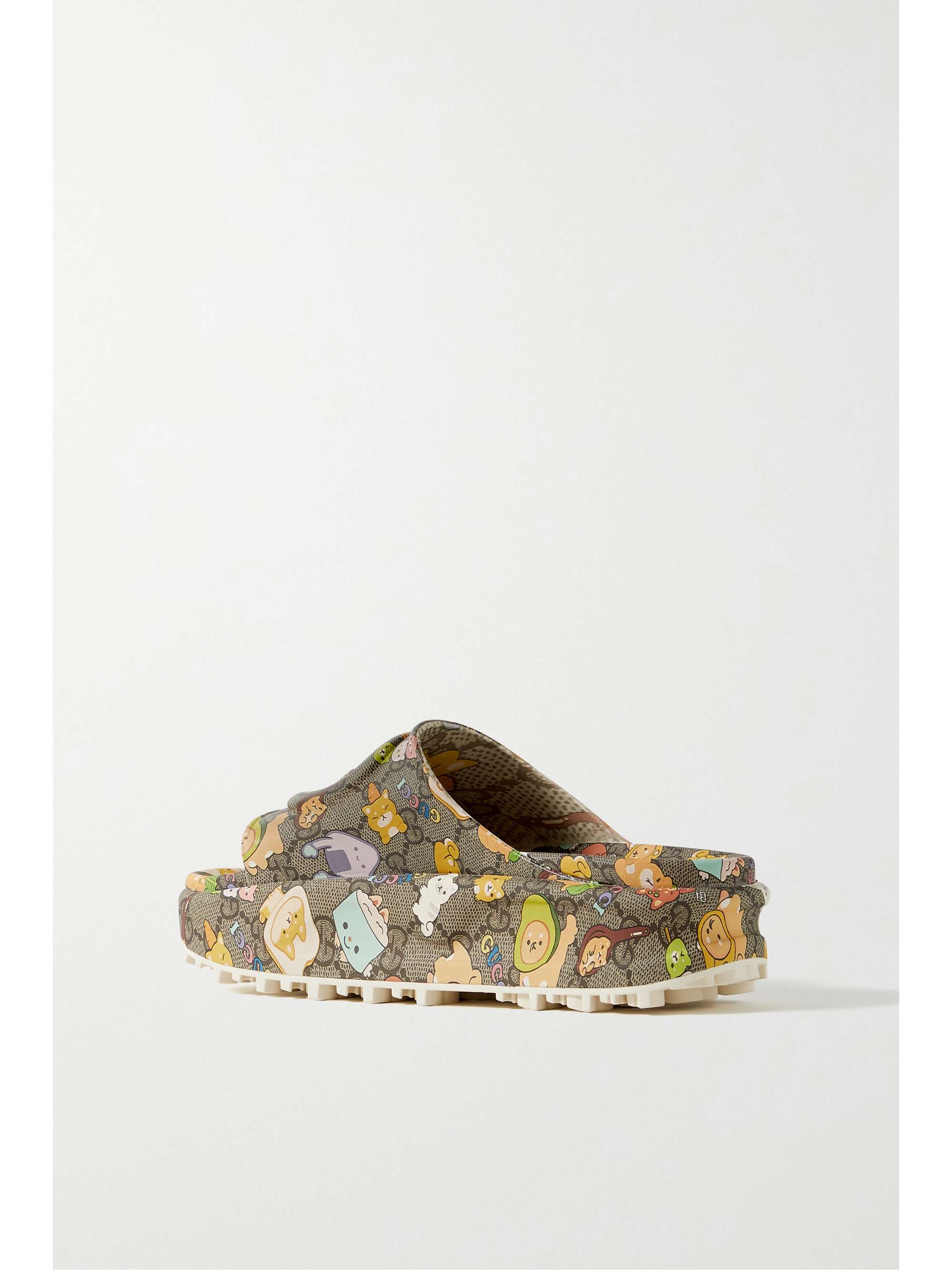 GUCCI + Angela Nguyen embossed printed rubber platform slides
