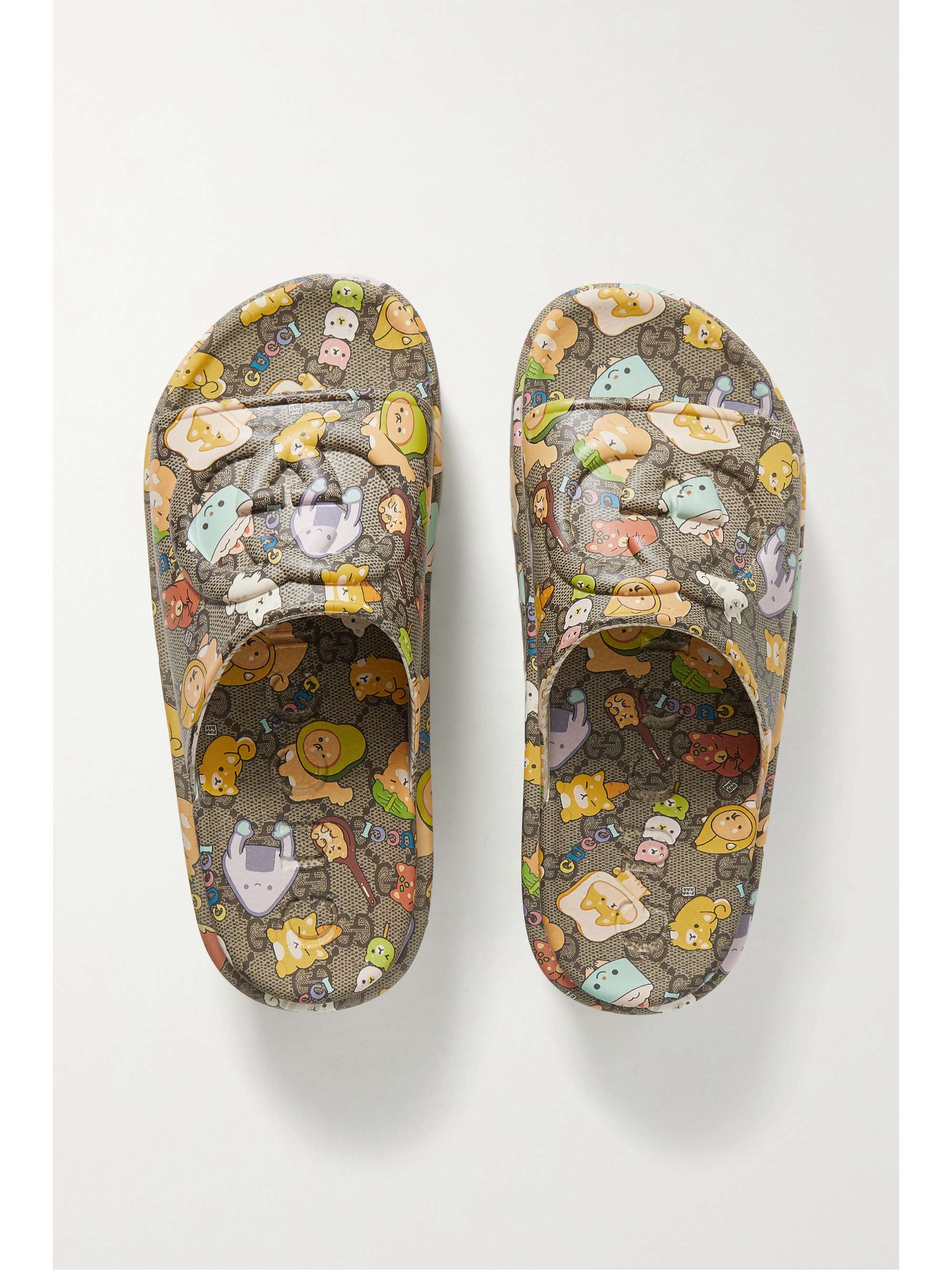 GUCCI + Angela Nguyen embossed printed rubber platform slides