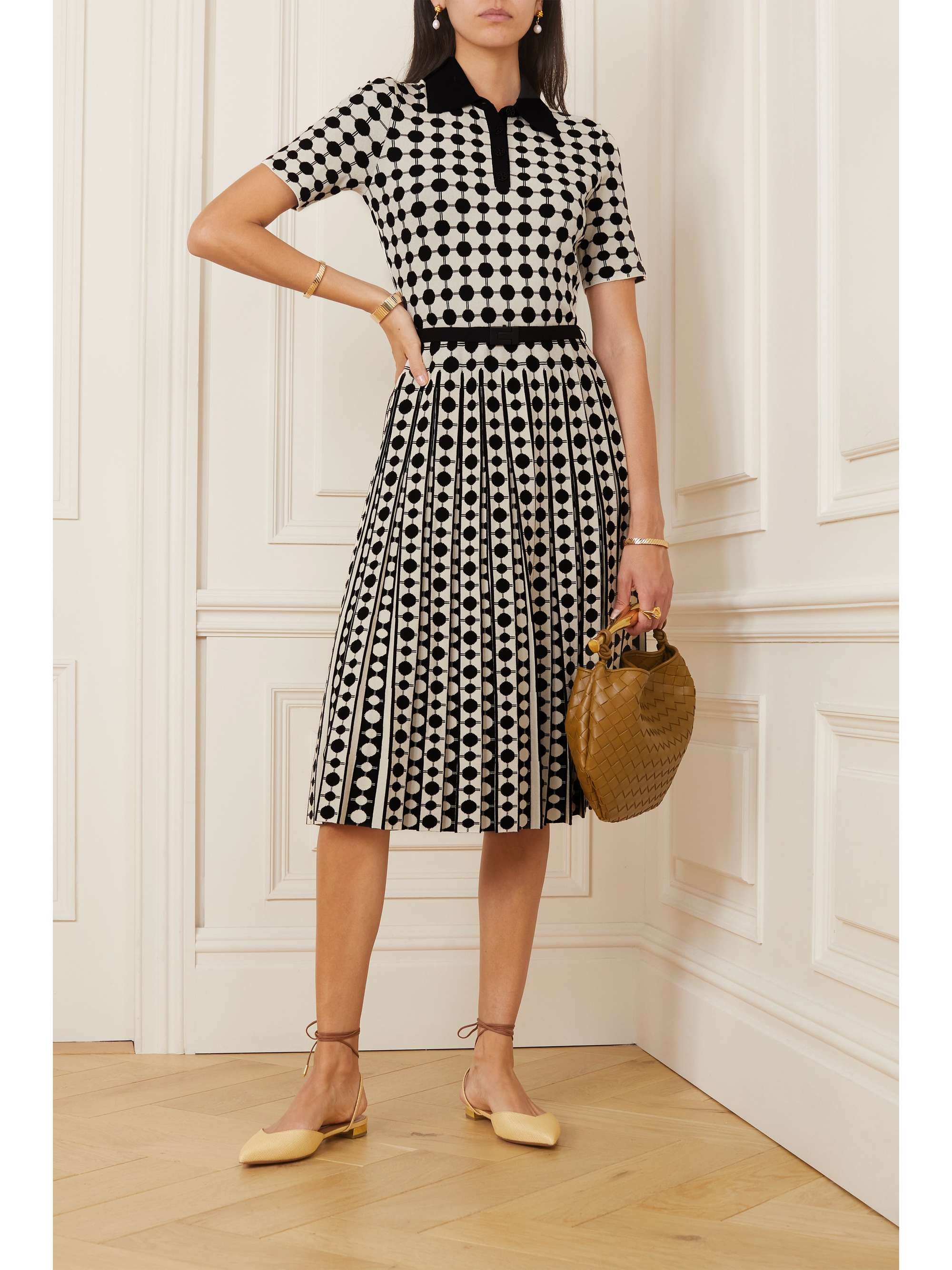 TORY BURCH Belted pleated jacquardknit dress NETAPORTER