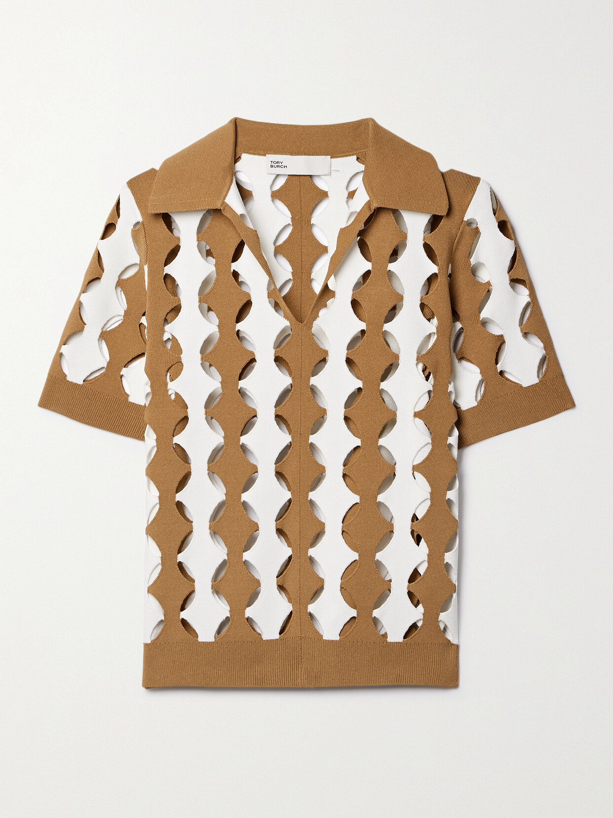 TORY BURCH CUTOUT ARGYLE STRETCH-KNIT POLO SHIRT