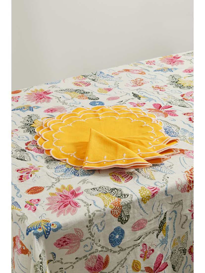 MAISON MARGAUX Peony Printed Linen Tablecloth And Set Of Eight Embroidered Napkins And Placemats