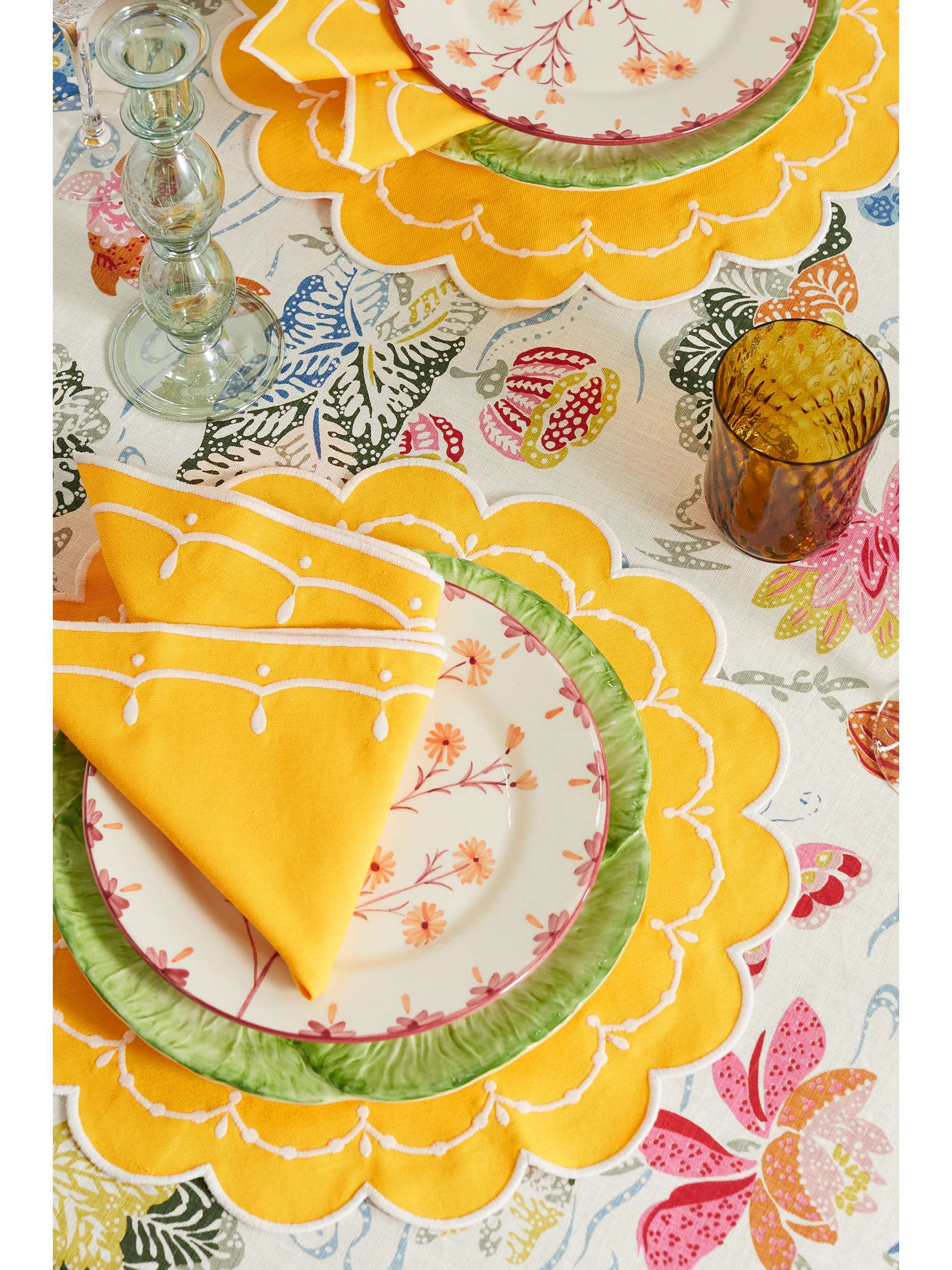MAISON MARGAUX Peony printed linen tablecloth and set of four embroidered napkins and placemats