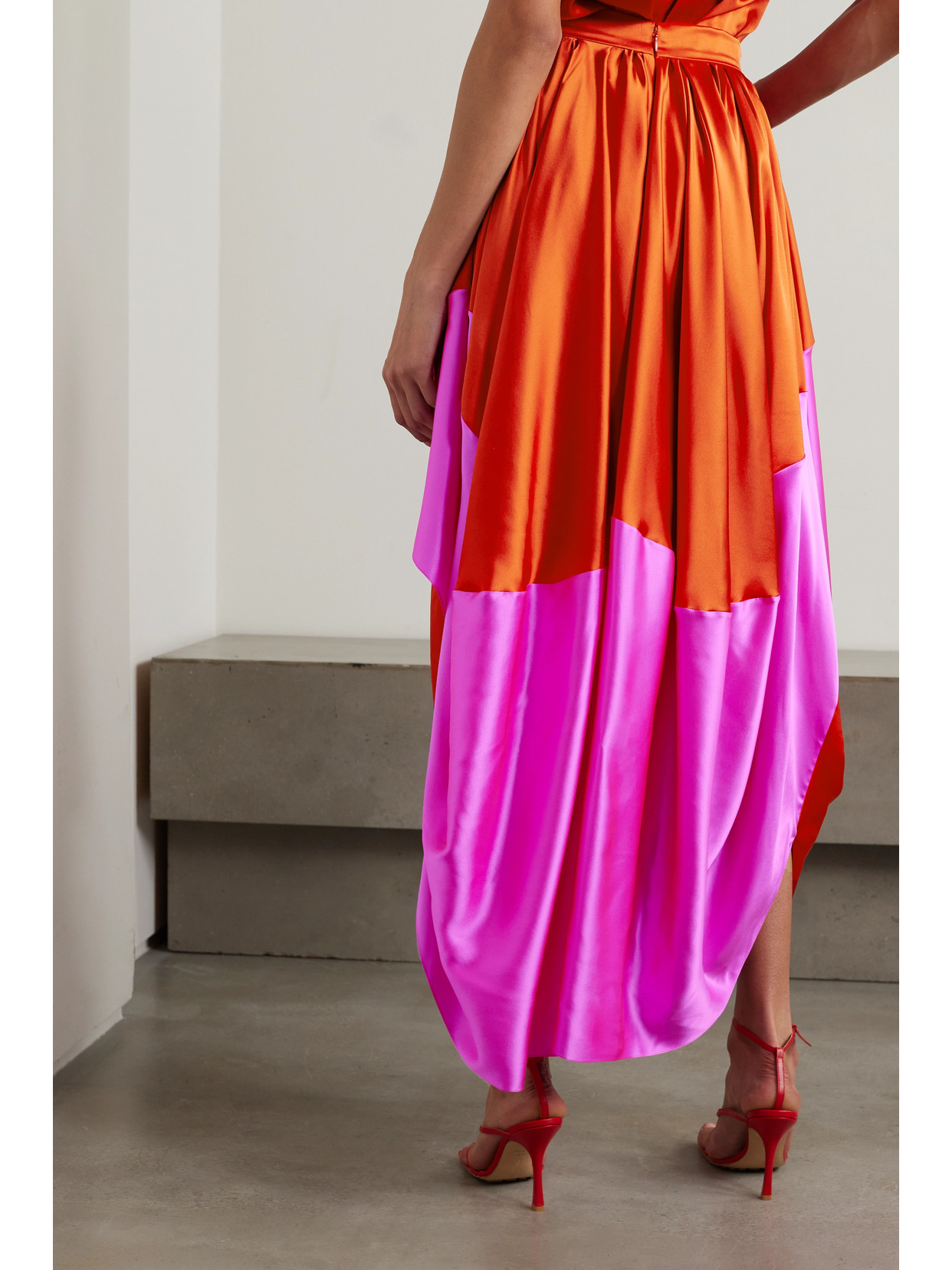 Kobi Asymmetric Draped Pleated Two-Tone Silk-Satin Maxi