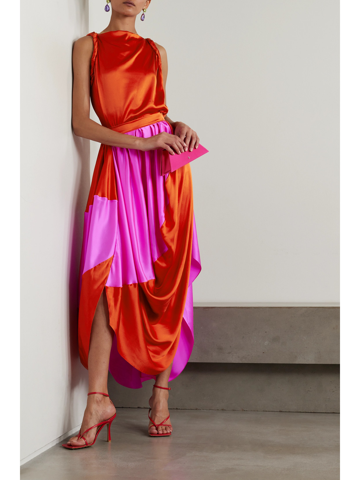 Kobi Asymmetric Draped Pleated Two-Tone Silk-Satin Maxi