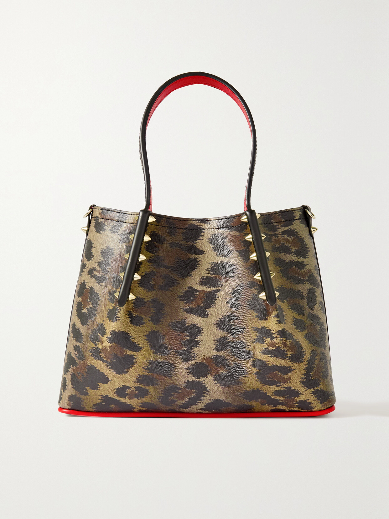 Shop Christian Louboutin Cabarock Mini Spiked Leopard-print Textured-leather Tote In Brown