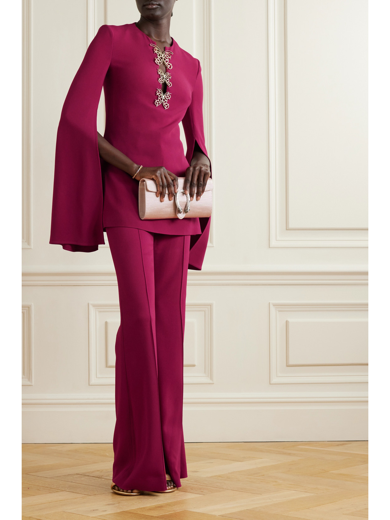 Shop Elie Saab Embellished Stretch-crepe Blouse In Red