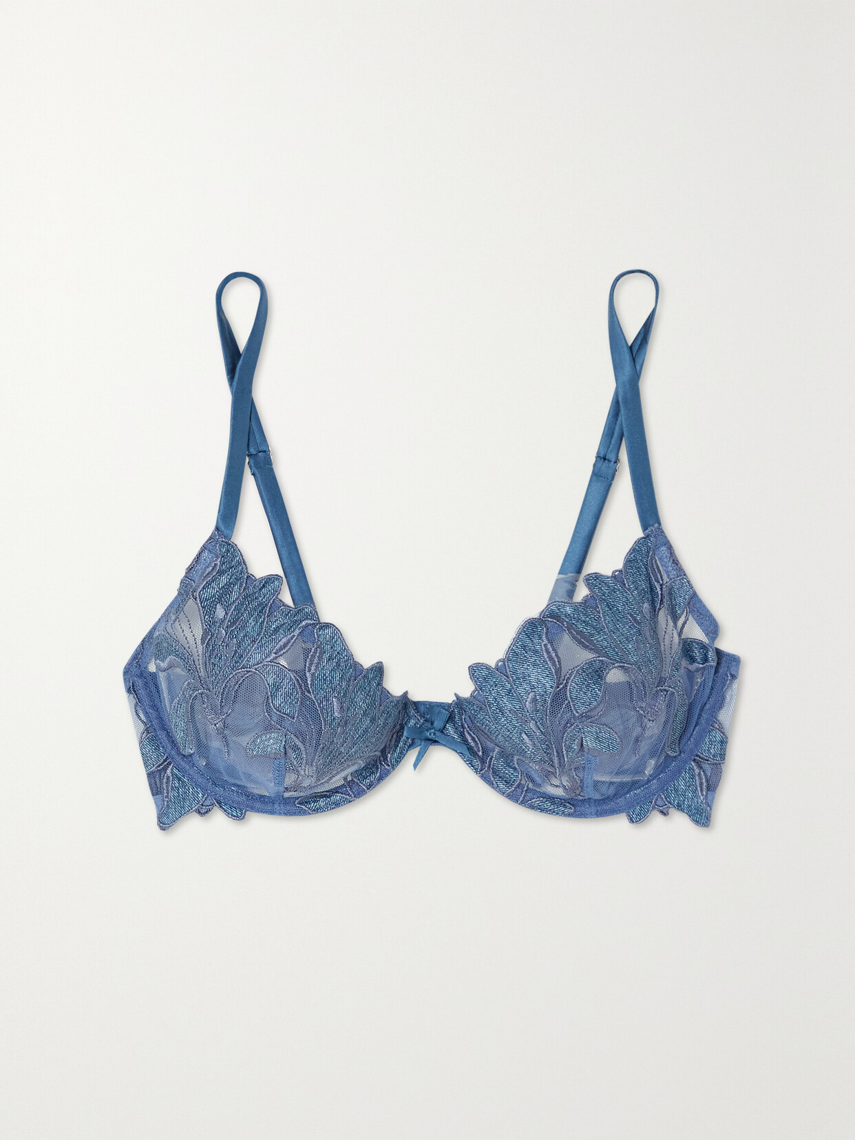 Fleur du Mal Lily Satin-trimmed Embroidered Stretch-tulle Underwired Bra - Blue