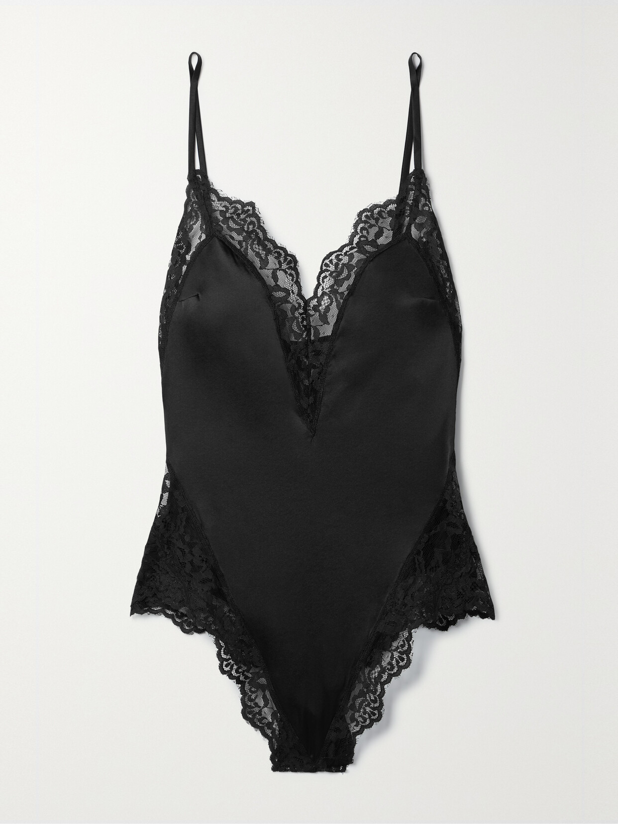 Fleur du Mal - Venus Lace-trimmed Silk-blend Satin Thong Bodysuit - Black