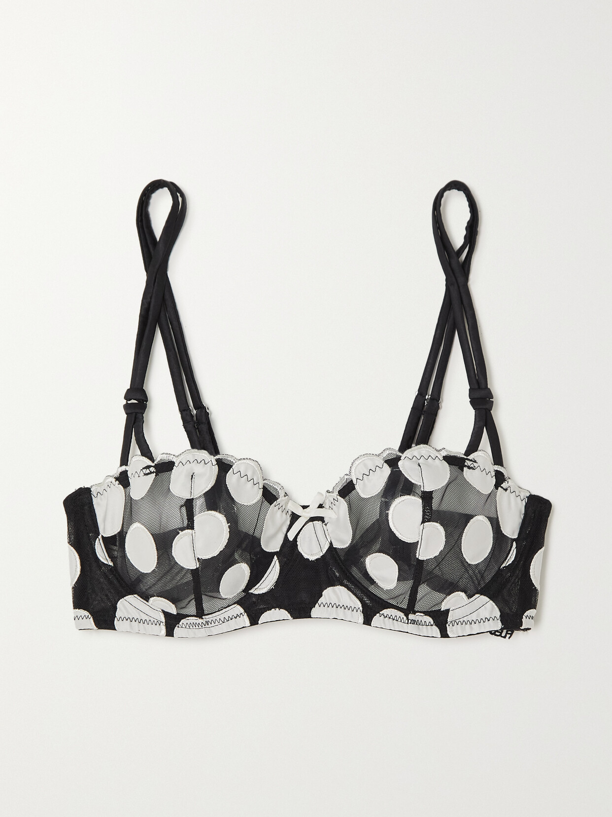 Fleur du Mal - Satin Polka-dot Appliquéd Tulle Underwired Soft-cup Balconette Bra - Black