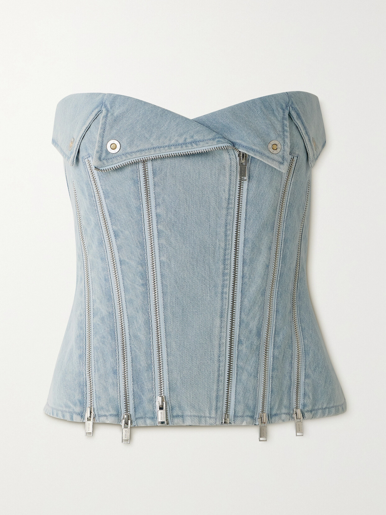 DION LEE STRAPLESS ZIP-EMBELLISHED DENIM BUSTIER TOP