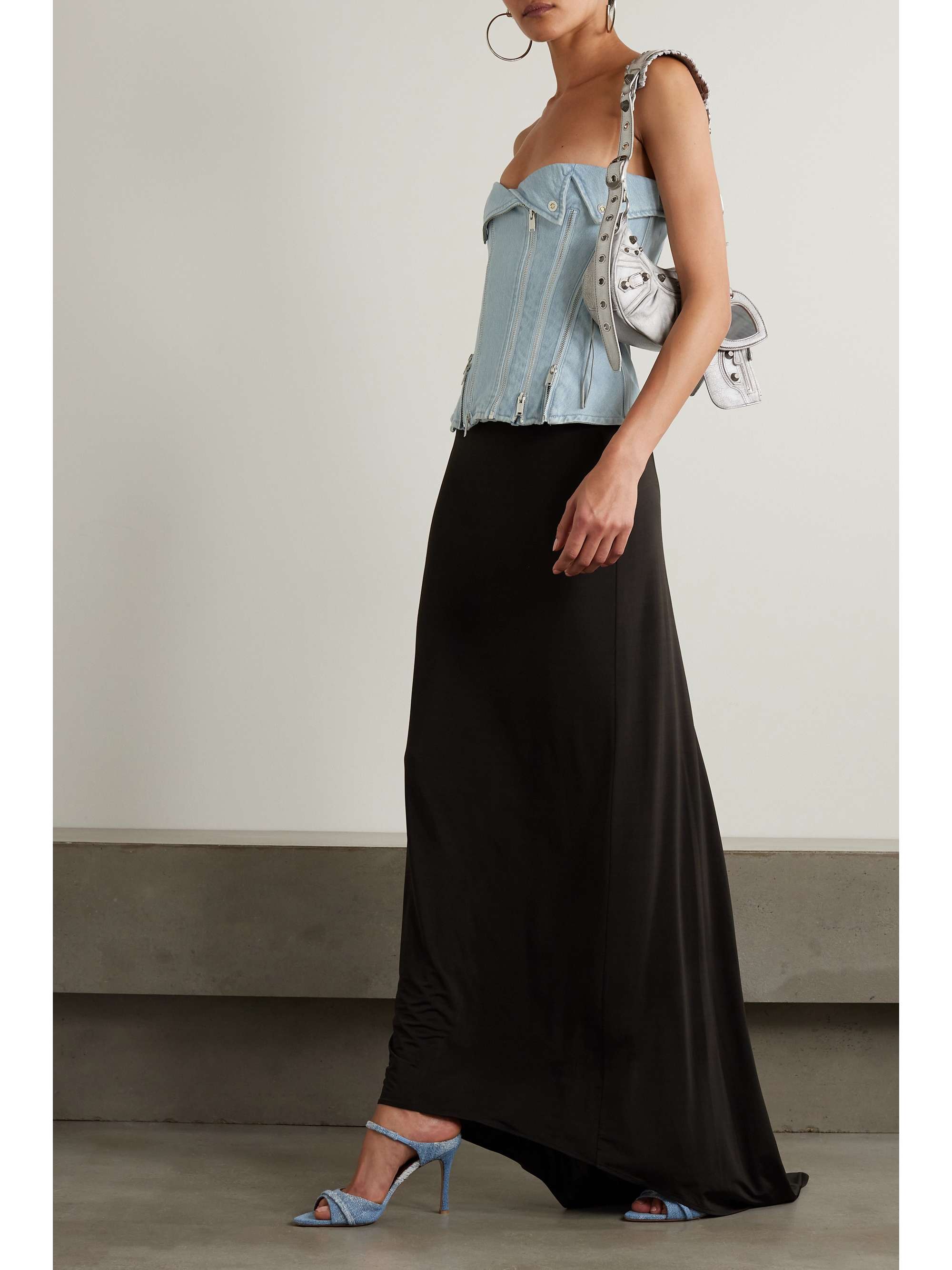 Strapless zip embellished denim bustier top