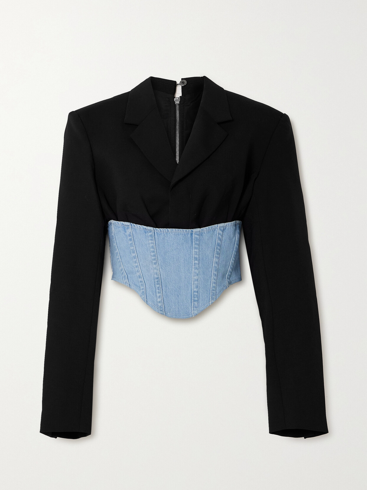 Shop Dion Lee Float Cropped Paneled Denim And Wool Blazer In Black