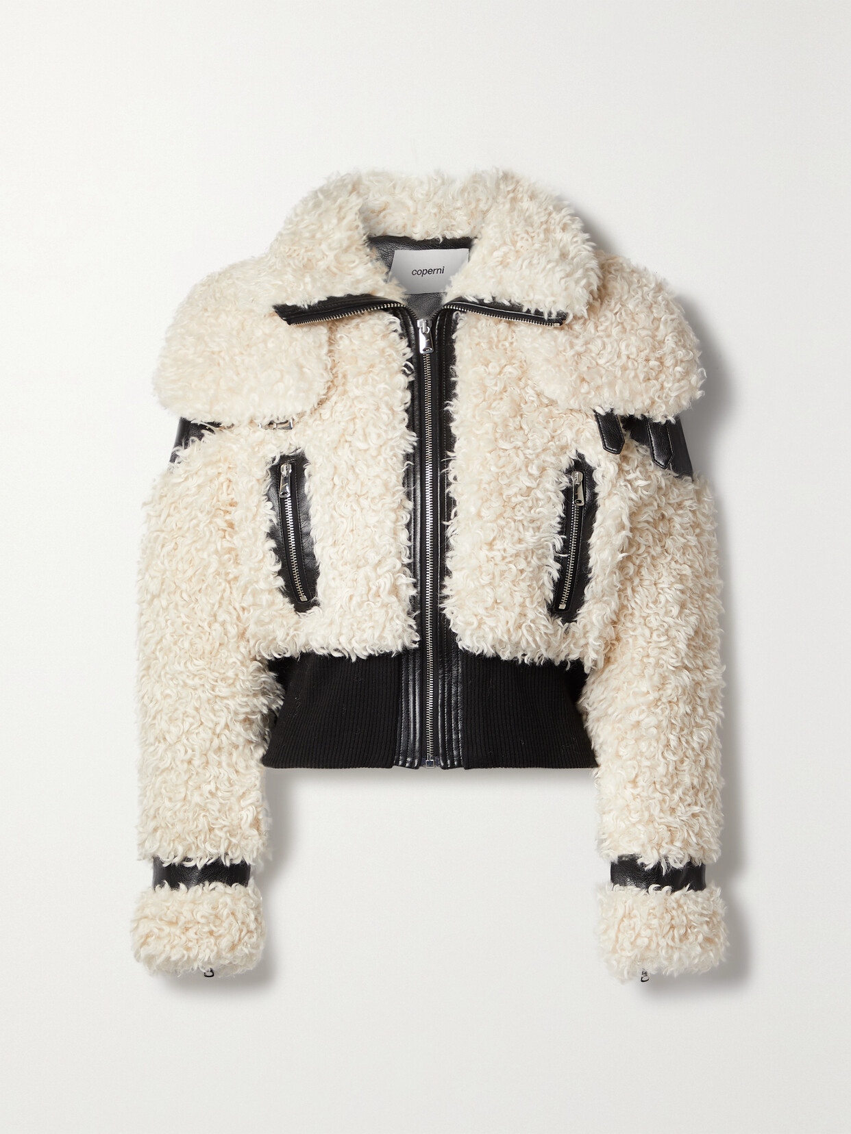 COPERNI CROPPED FAUX LEATHER-TRIMMED FAUX SHEARLING JACKET