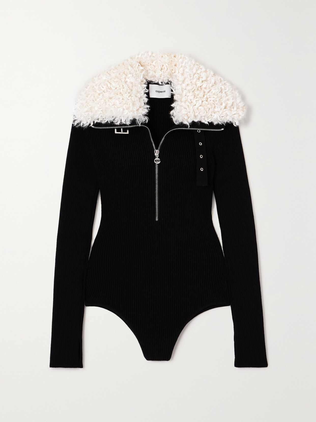 COPERNI FAUX SHEARLING-TRIMMED RIBBED WOOL-BLEND HALF-ZIP BODYSUIT