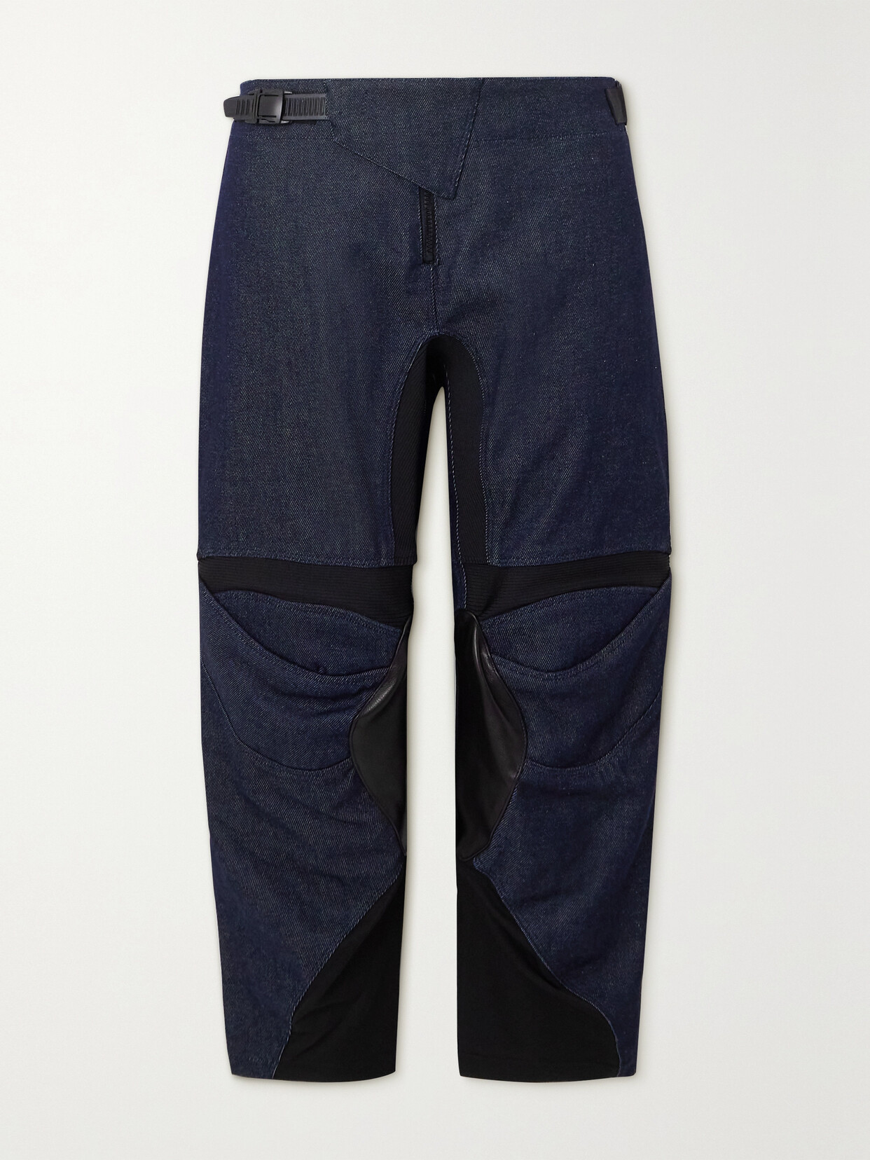 Coperni Cropped Leather And Jersey-trimmed Mid-rise Tapered Jeans - Blue