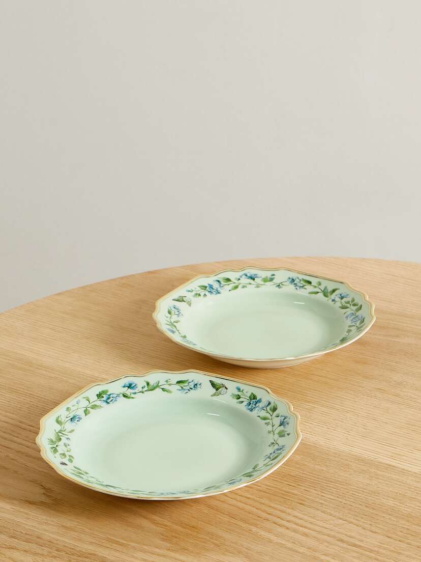 Aquazzura Casa Secret Garden Set Of Two 23cm Gold-plated Painted Porcelain Soup Plates