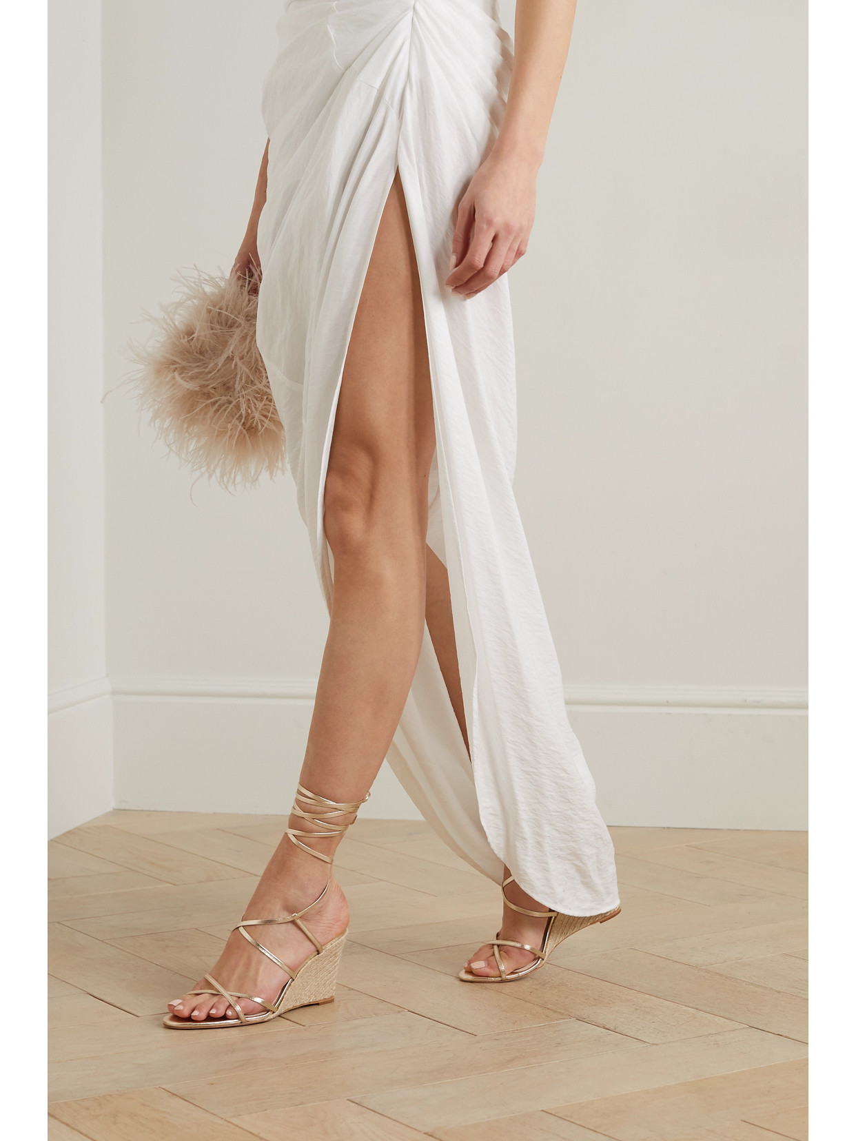 Porte & Paire Metallic Leather Wedge Espadrille Sandals In Gold