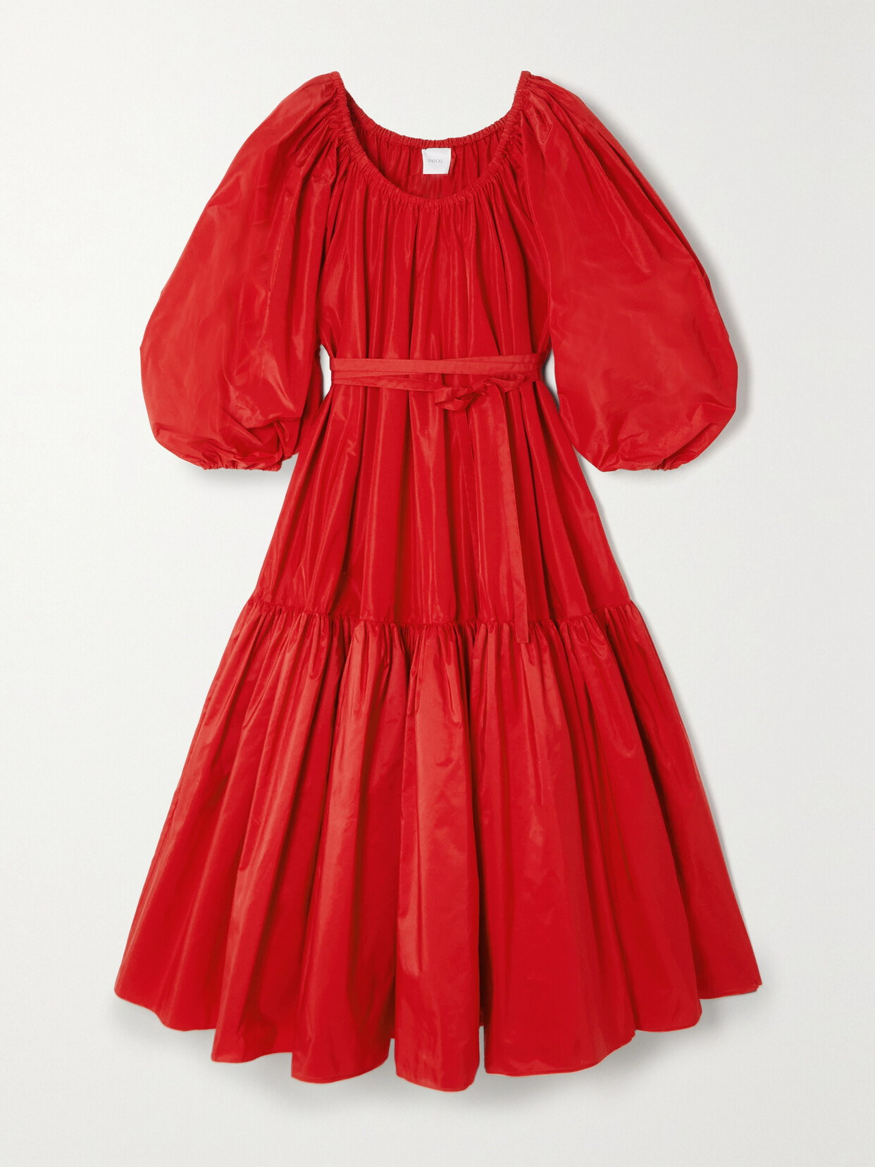 Patou Belted Ruched Tiered Taffeta Midi Dress In Rot