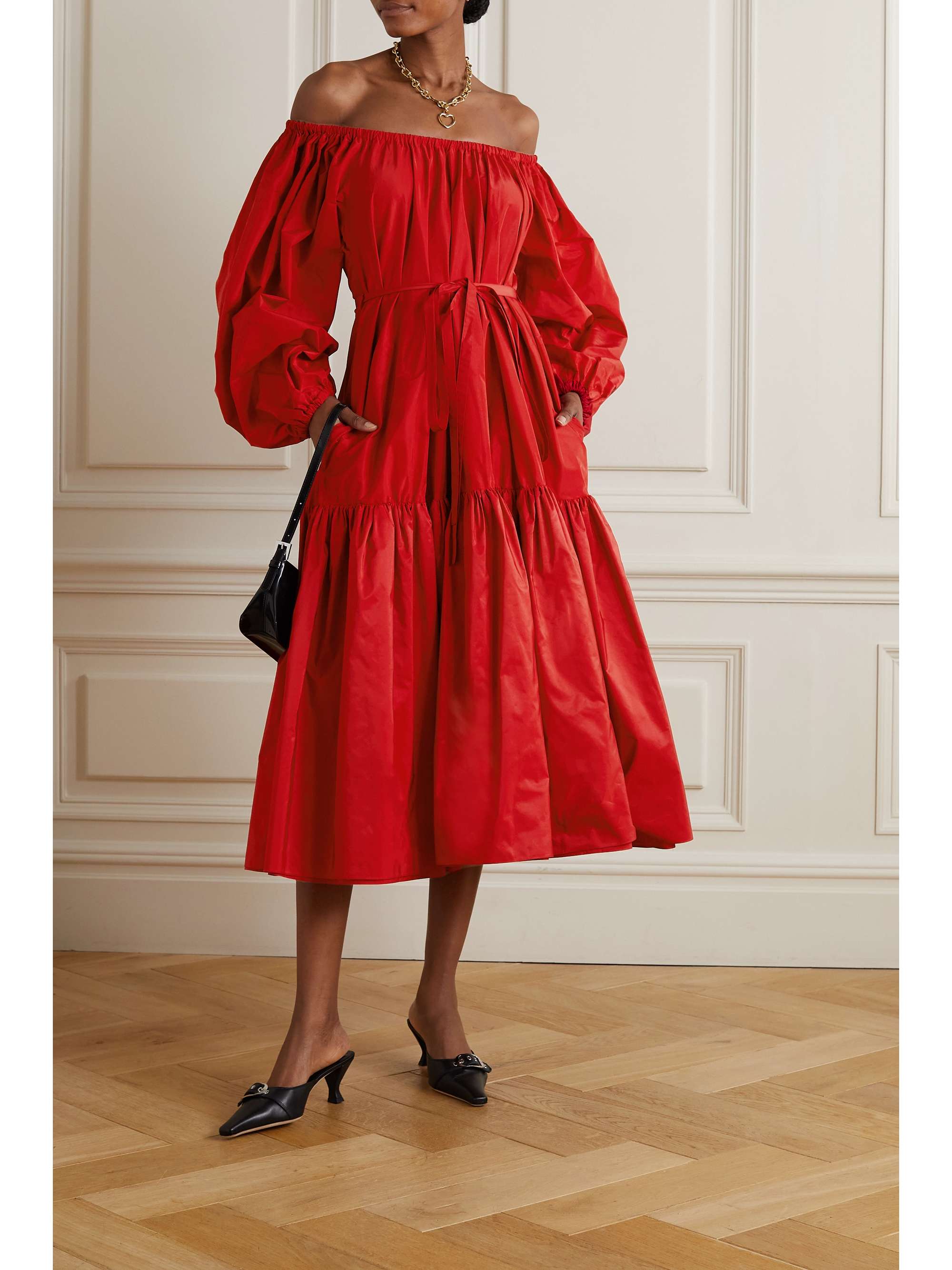 PATOU Belted ruched tiered taffeta midi dress | NET-A-PORTER