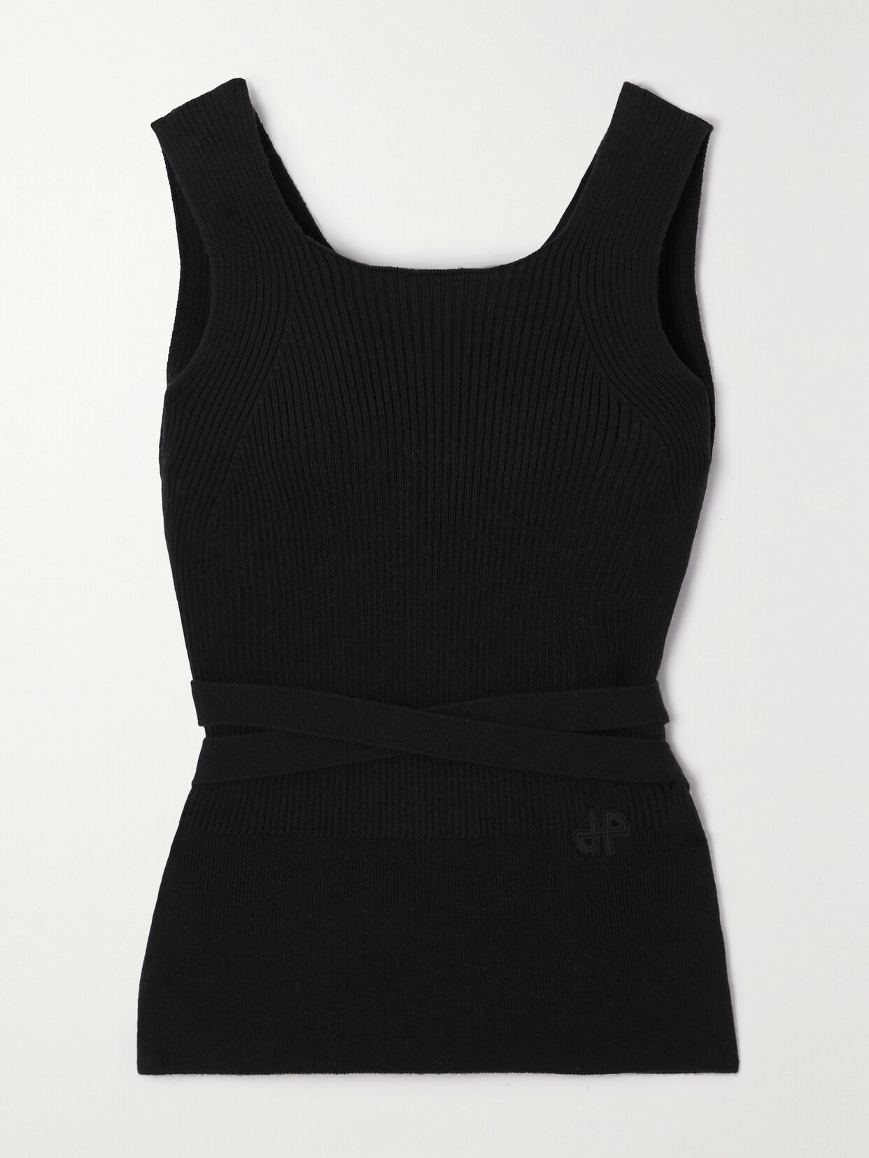 Patou - Wrap-effect Ribbed Appliquéd Stretch-wool Tank Top - Black