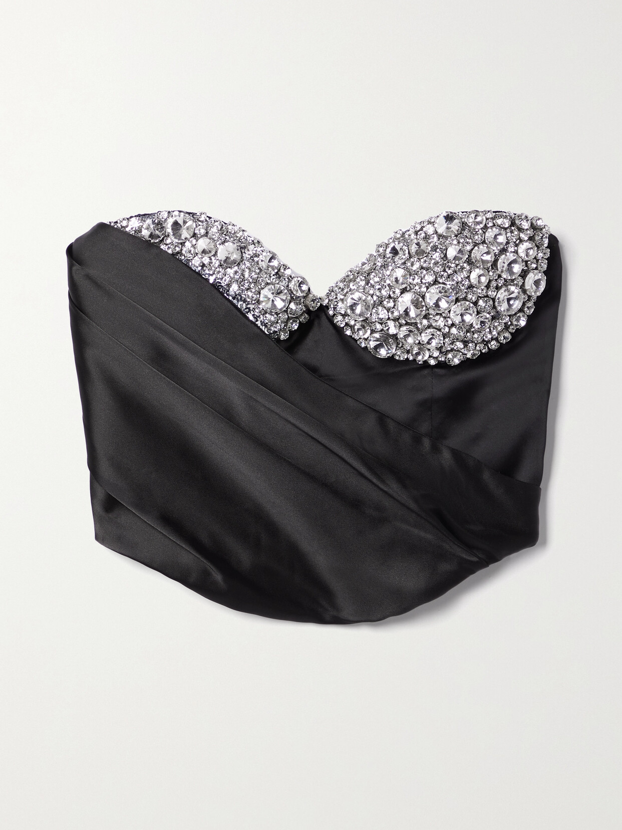 AREA - Cropped Crystal-embellished Draped Satin Bustier Top - Black