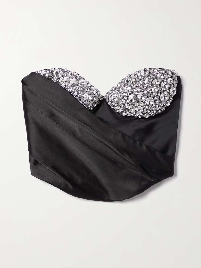 AREA Cropped Crystal-embellished Draped Satin Bustier Top