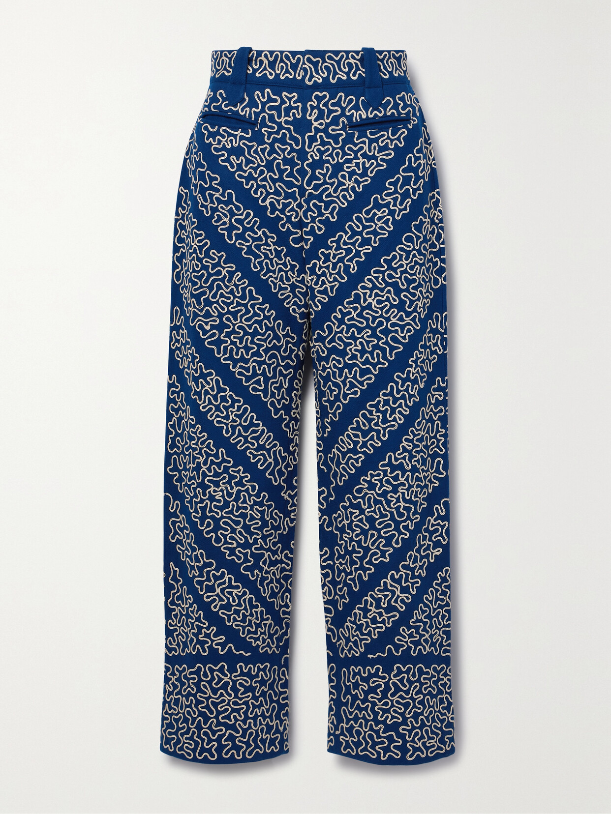 Shop Bode Bombora Cropped Embroidered Wool-blend Wide-leg Pants In Blue