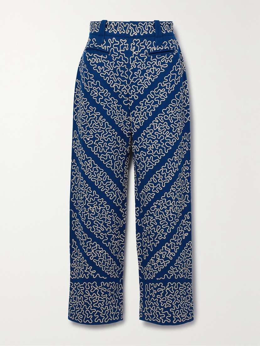 BODE Bombora Cropped Embroidered Wool-blend Wide-leg Pants