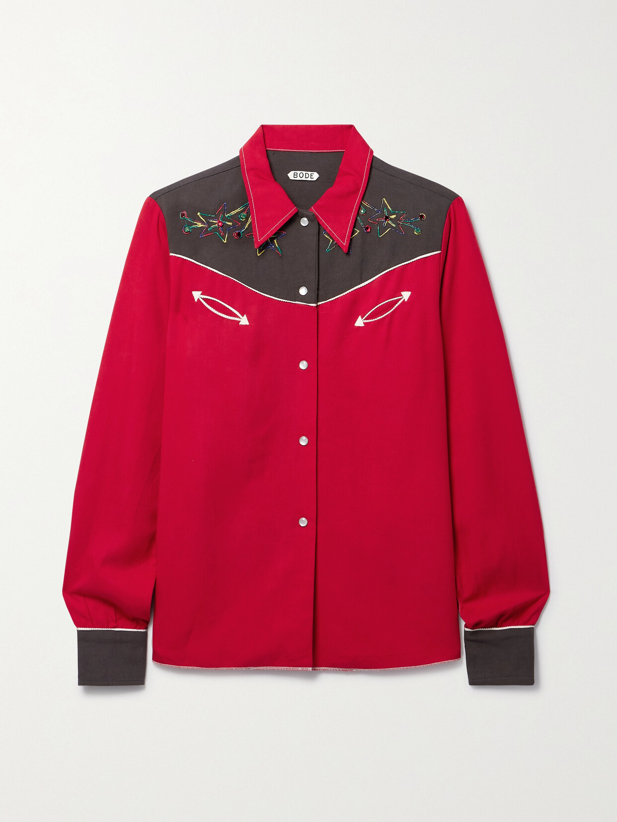 Shop Bode Embellished Embroidered Cotton-blend Twill And Canvas Shirt In Red