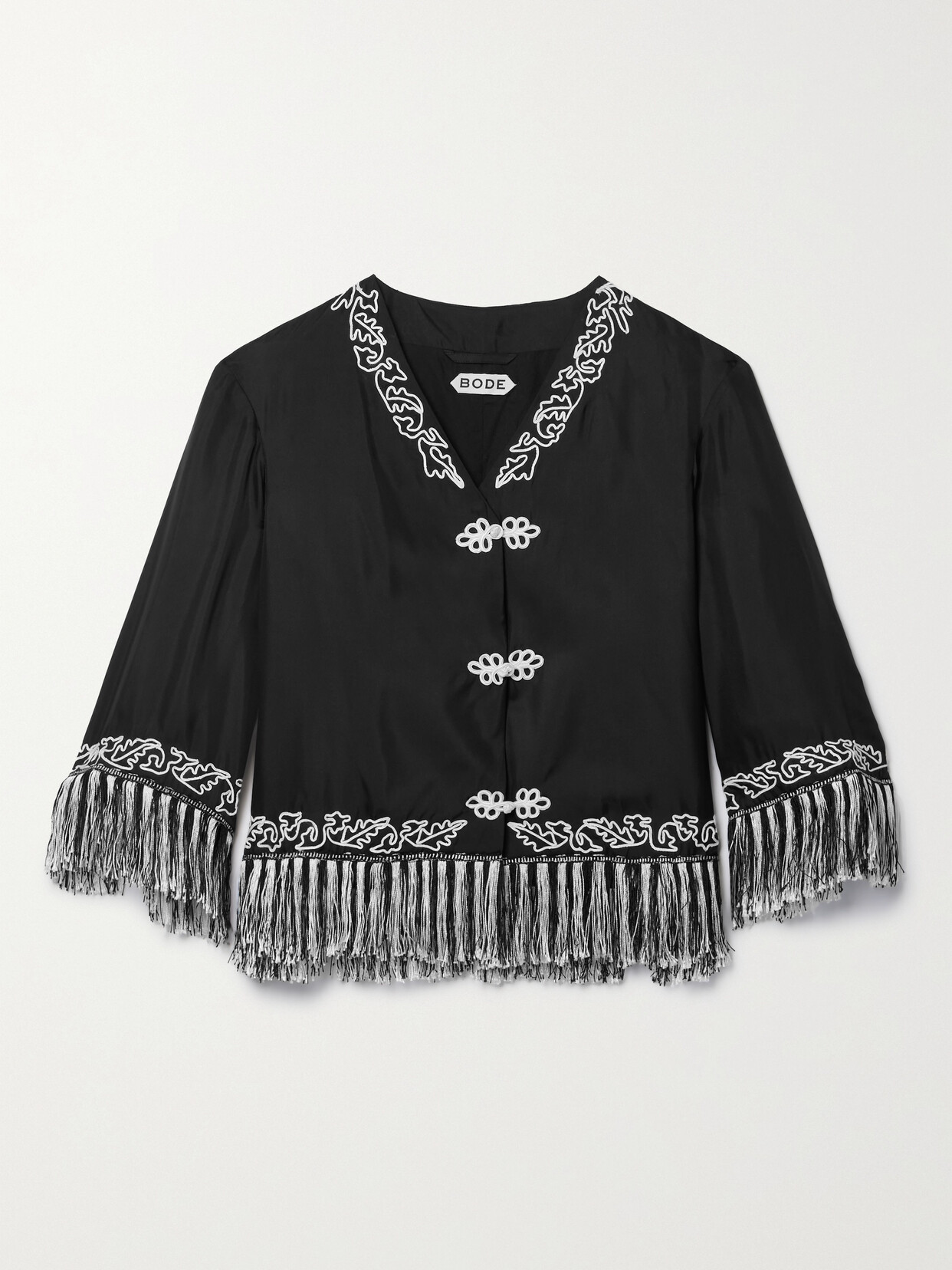 Bode Grenier Fringed Embroidered Silk-twill Jacket In Black