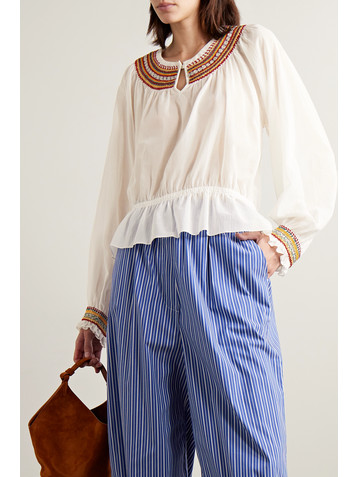 Bode Embroidered cotton-voile blouse