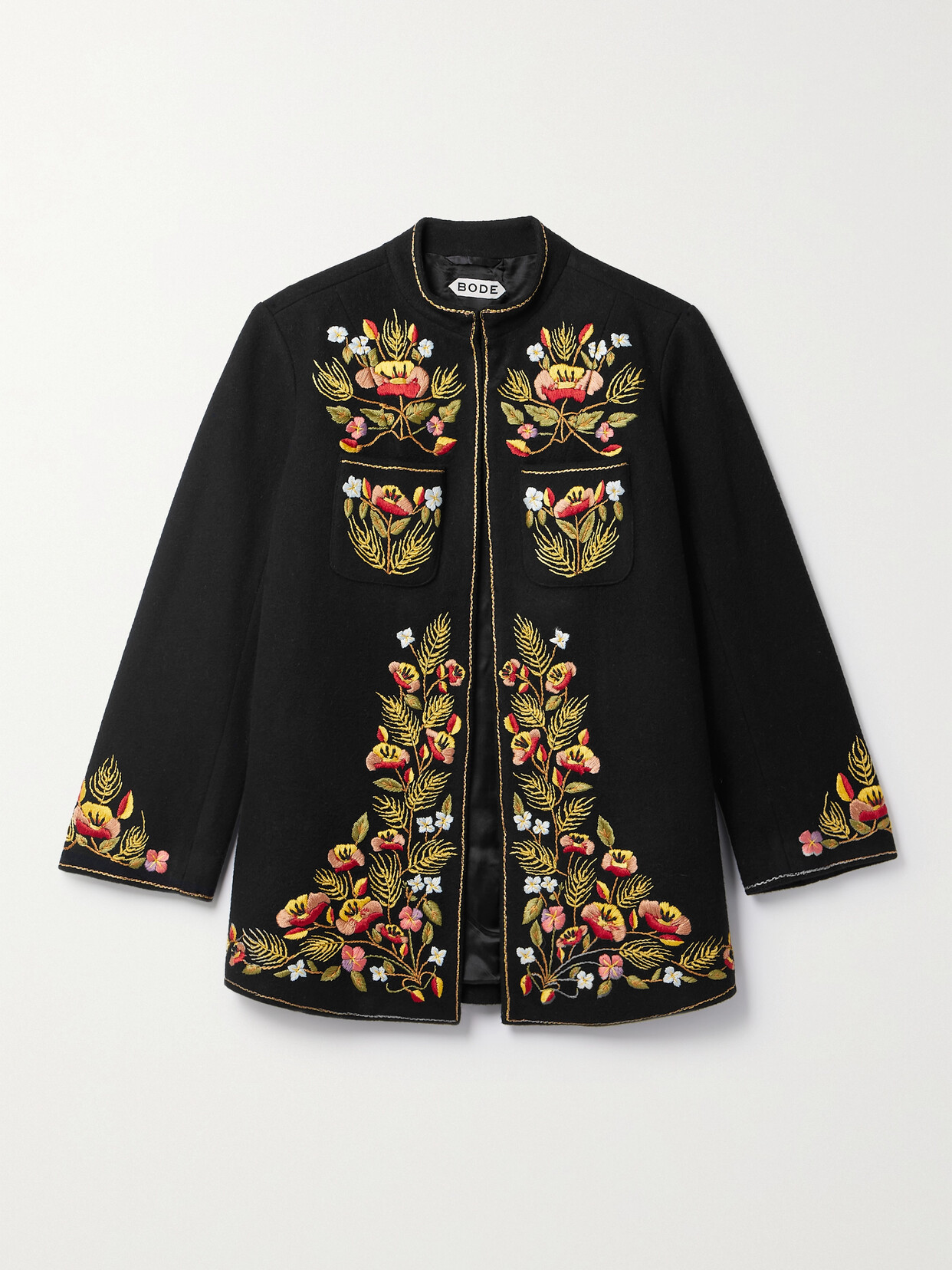 Bode Wheat Poppy Persis Embroidered Wool-felt Jacket In Black