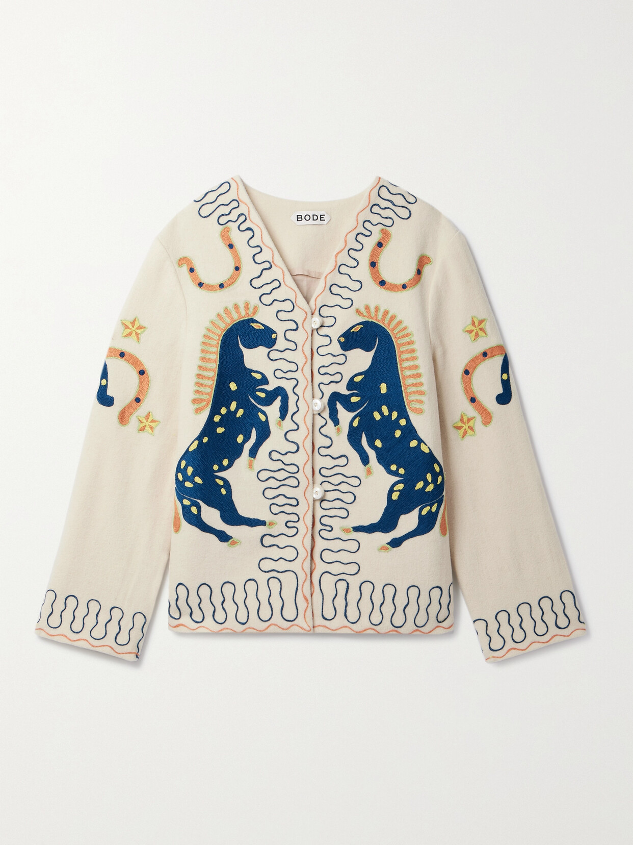 Shop Bode Winter Stallion Embroidered Wool-felt Jacket In Cream