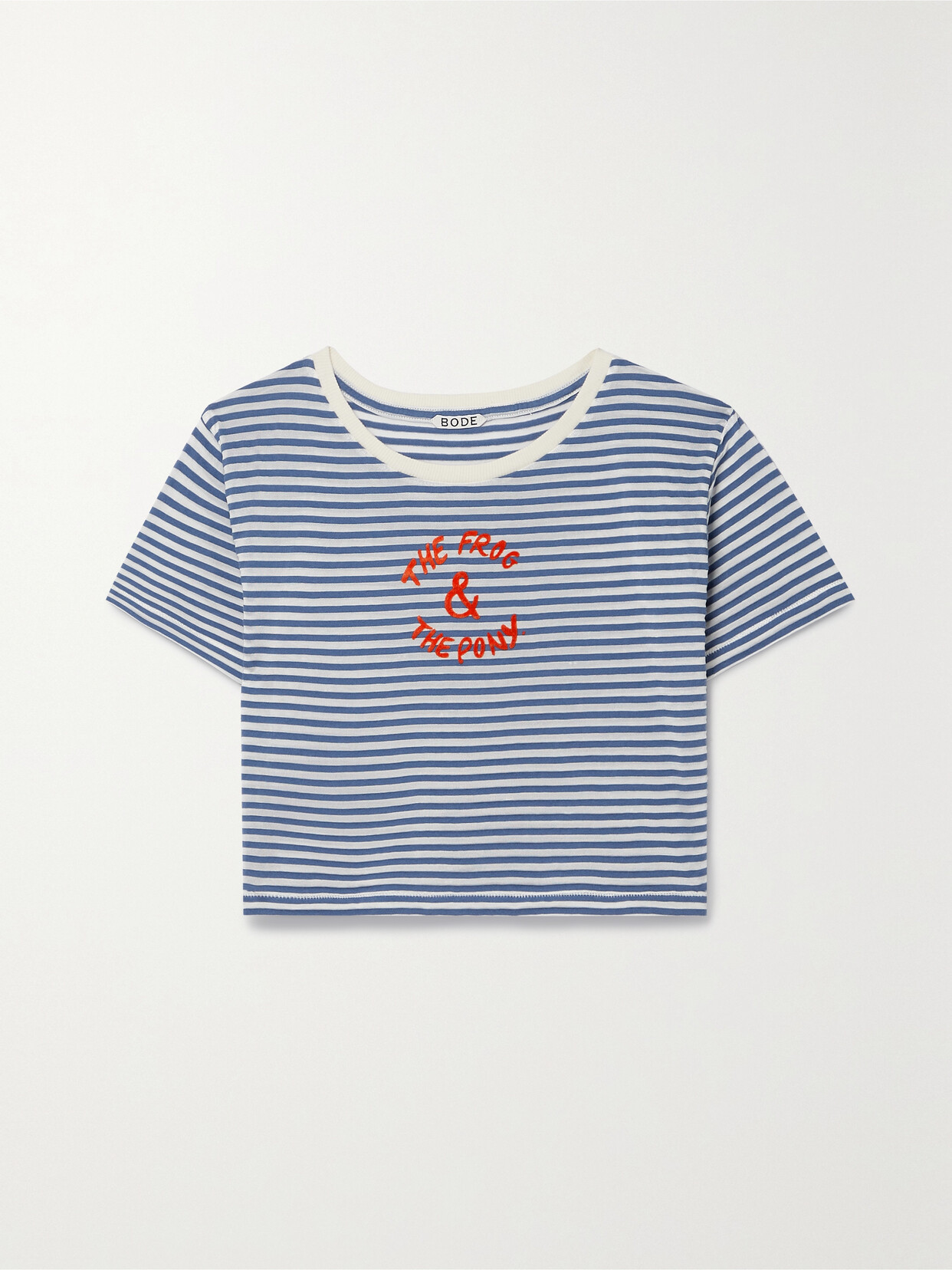 BODE - Frog And Pony Cropped Flocked Striped Cotton-blend T-shirt - Blue