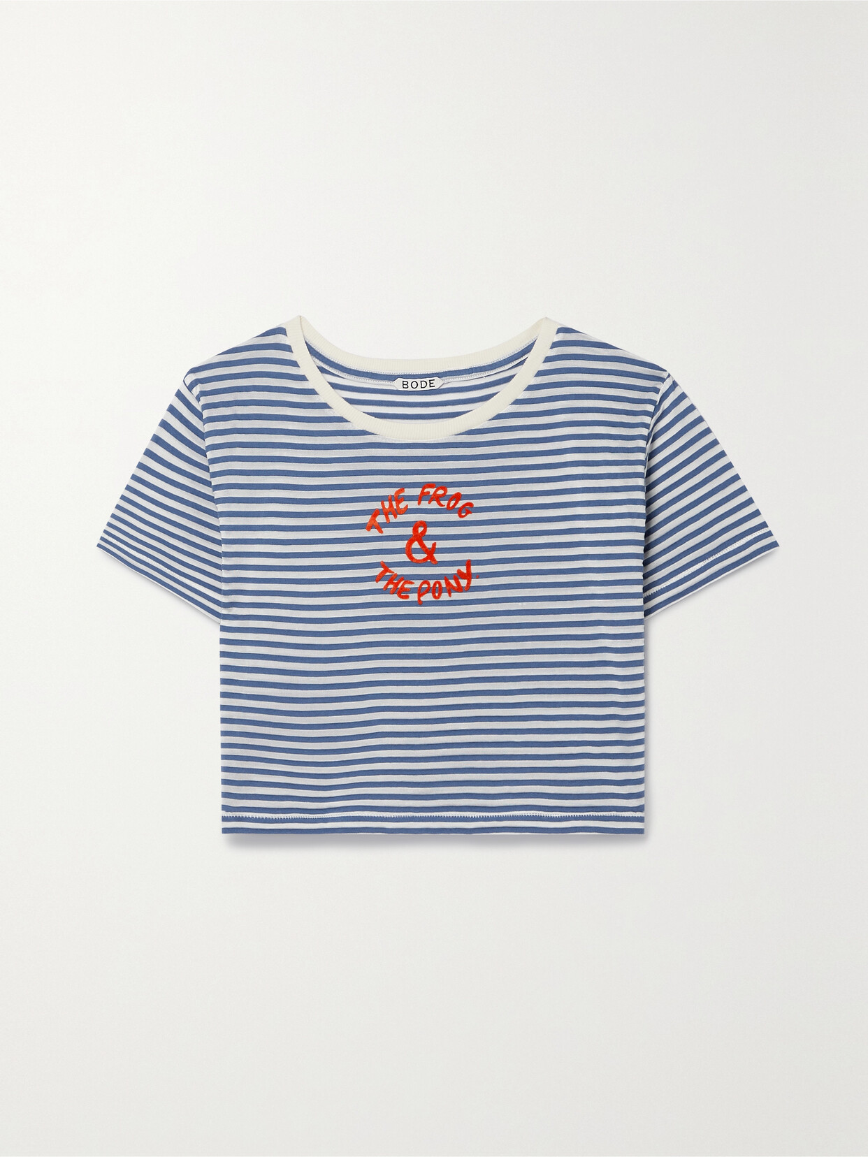 Bode Frog And Pony Cropped Flocked Striped Cotton-blend T-shirt In Blue