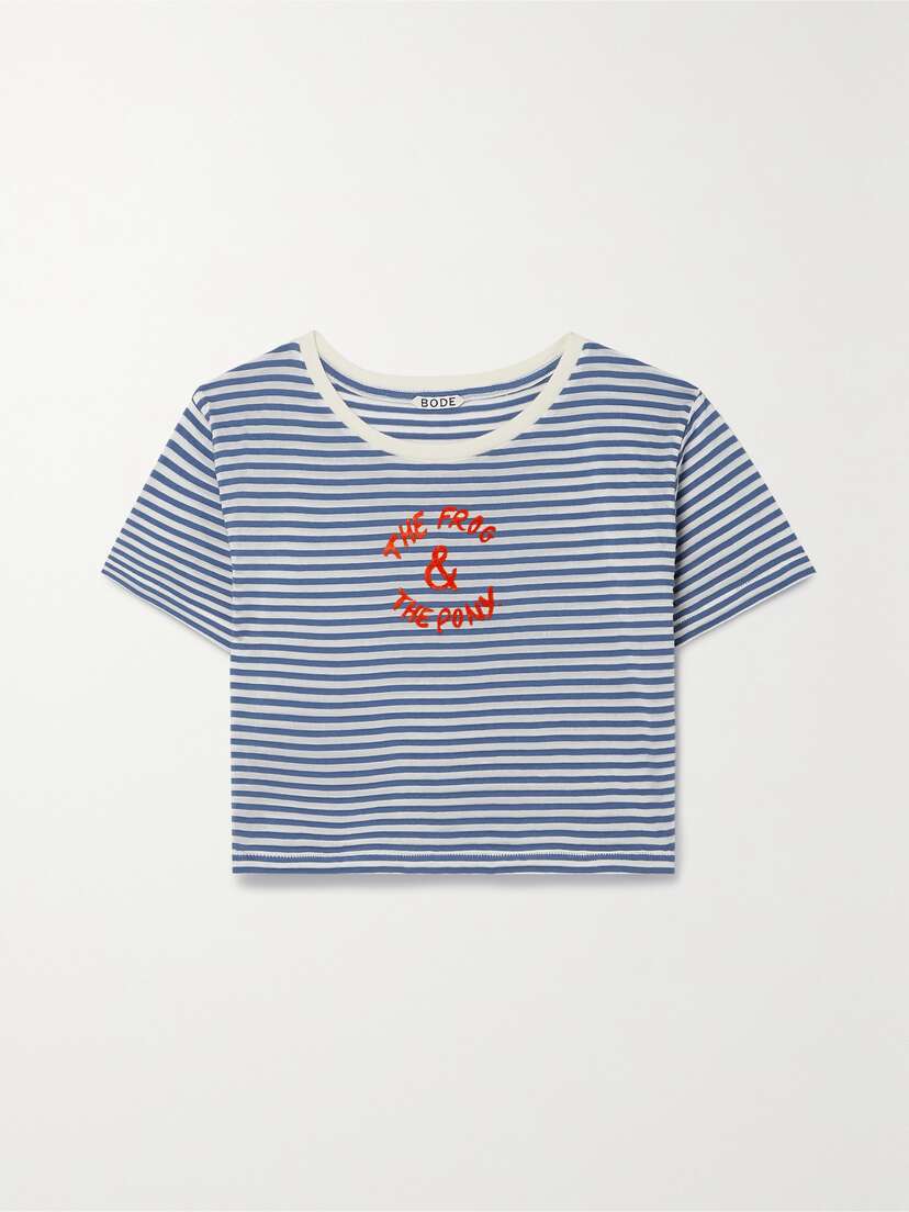 BODE Frog And Pony Cropped Flocked Striped Cotton-blend T-shirt - x large