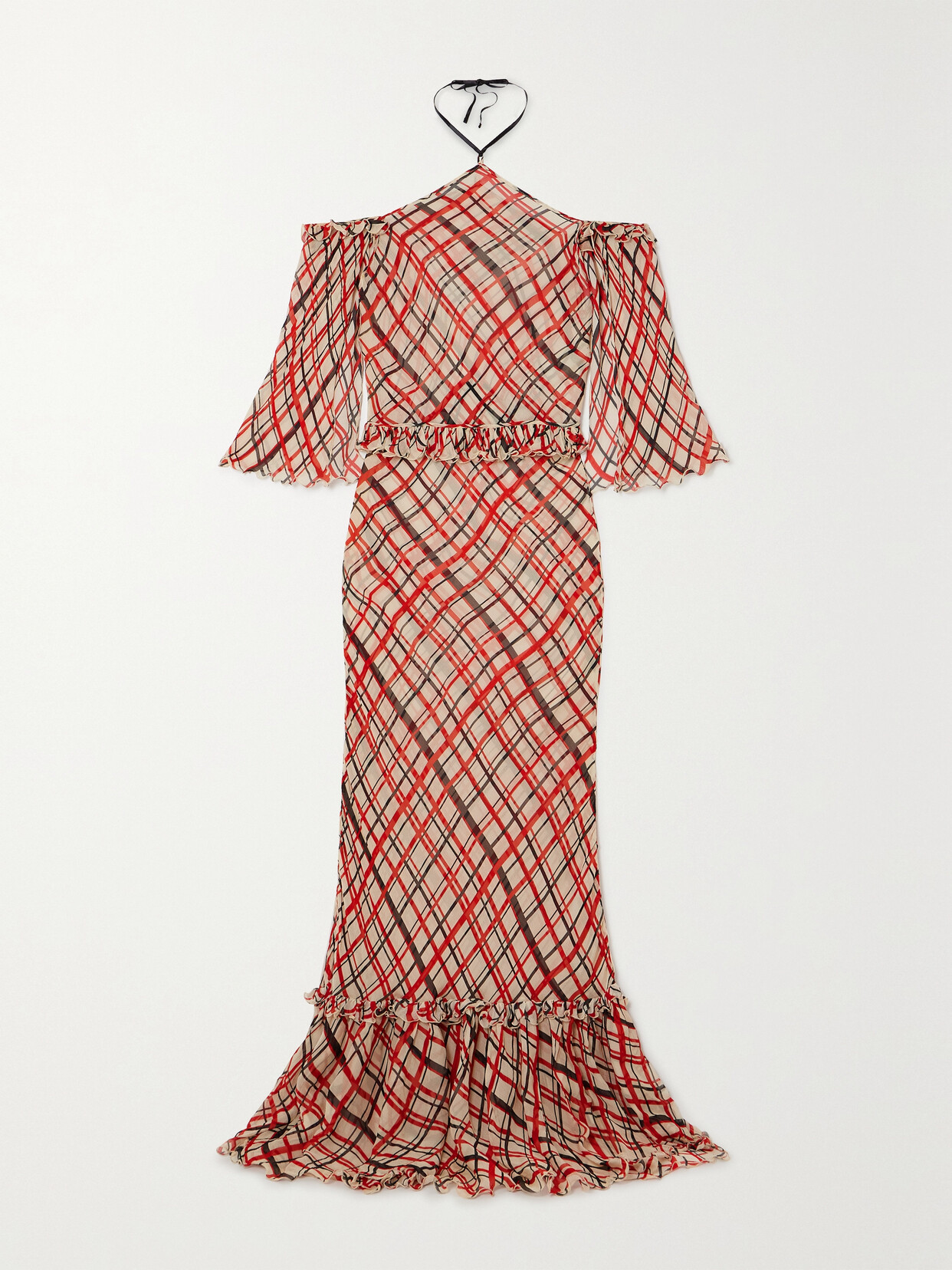 Bode Landis Ruffled Checked Crepe De Chine Halterneck Maxi Dress In Red