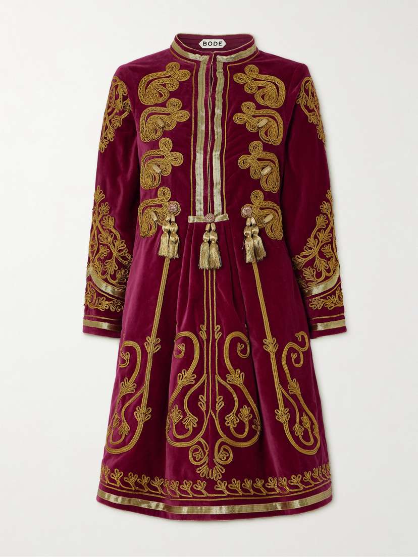 BODE Rothermel Theater Tasseled Appliquéd Cotton-velvet Mini Dress